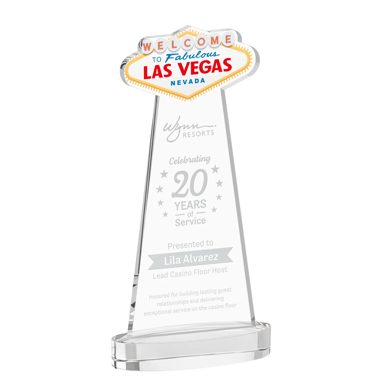 Custom Starfire Crystal Las Vegas Sign Award on Alberton Oval Base for sales achievement awards
