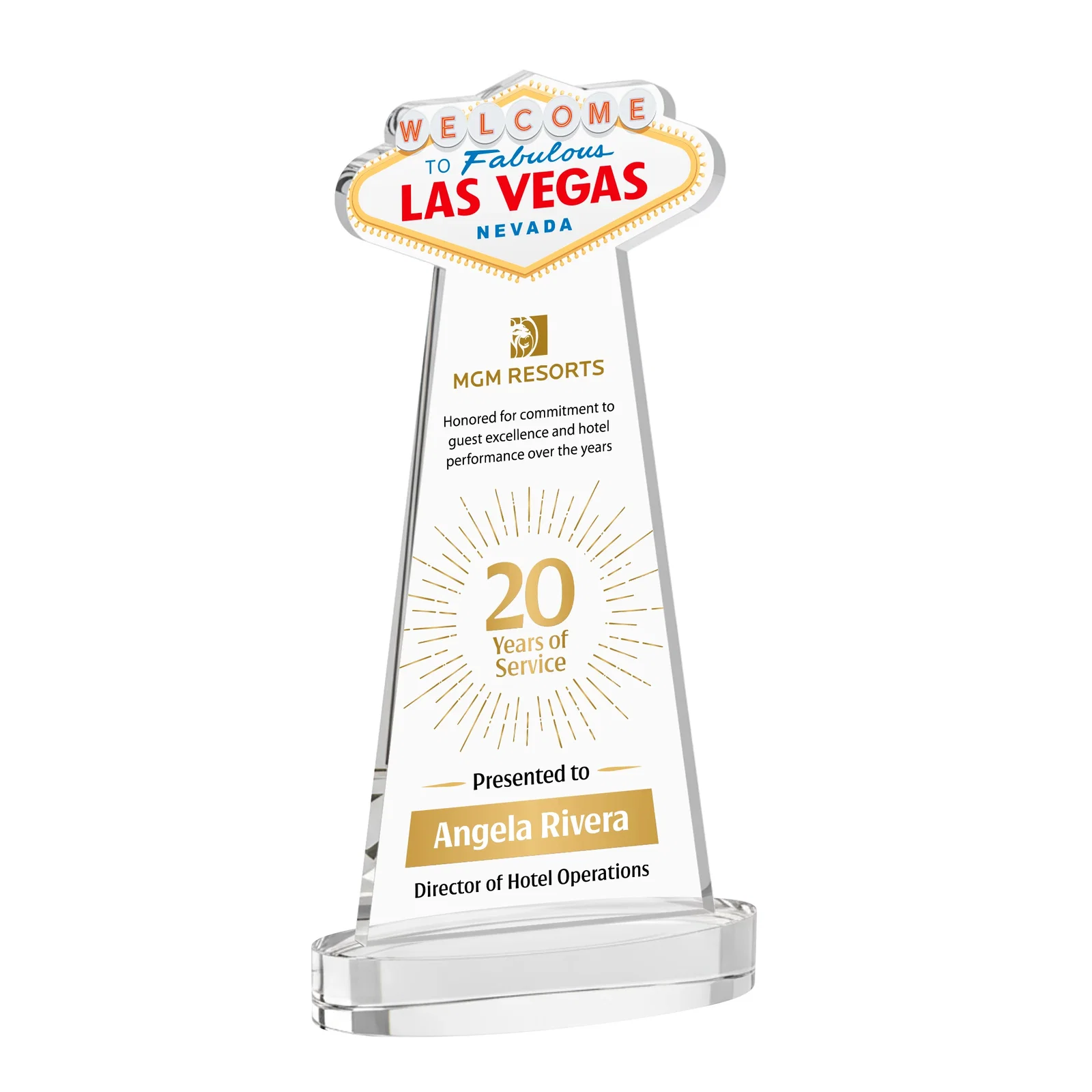 Branded Starfire Crystal Las Vegas Sign Award on Alberton Oval Base for sales achievement awards