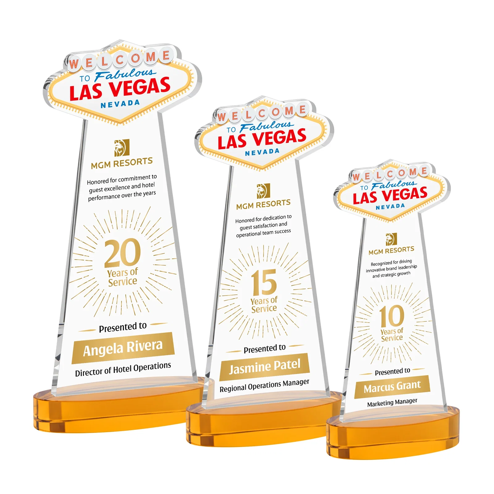Branded Starfire Crystal Las Vegas Sign Award on Alberton Oval Base for retirement presentations