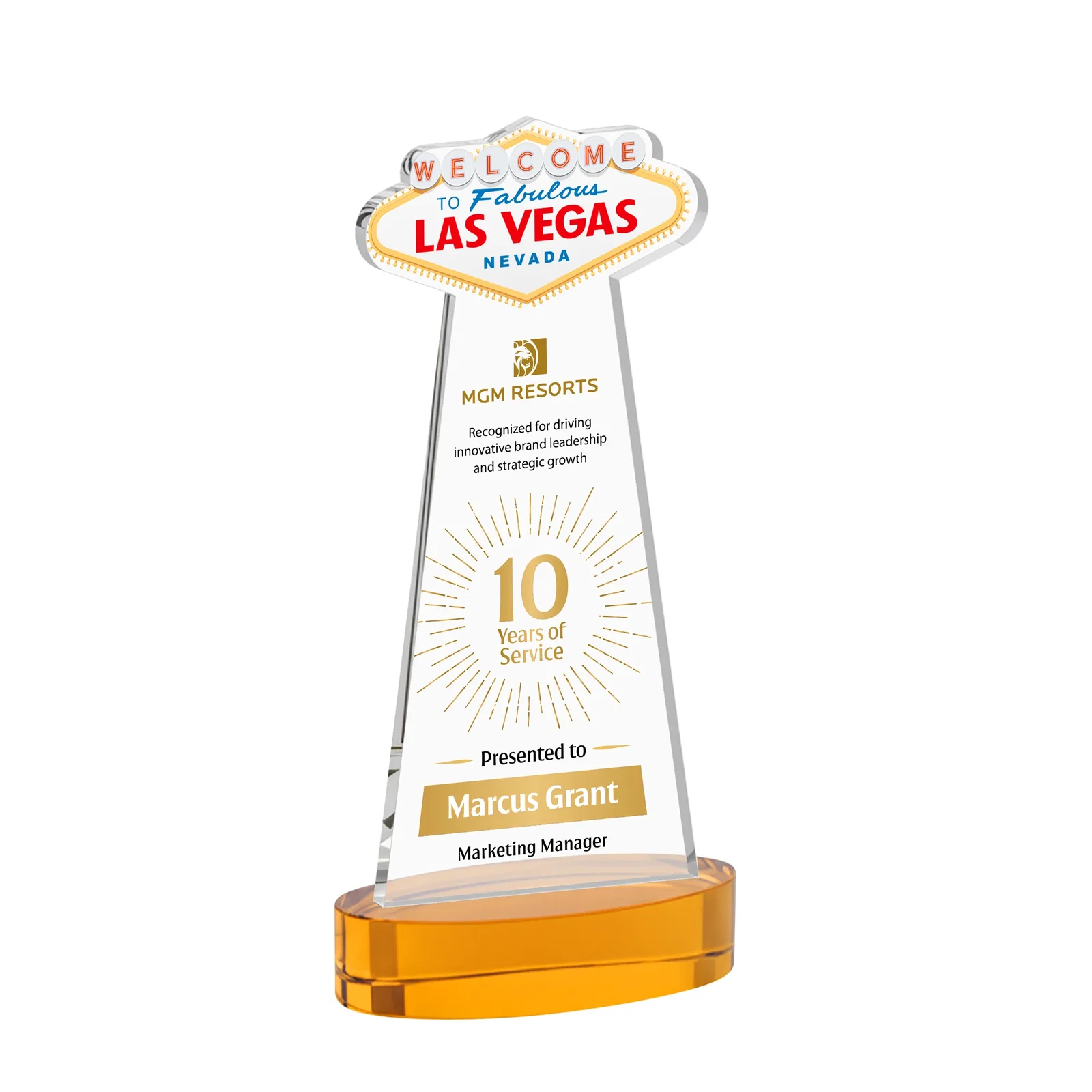 Branded Starfire Crystal Las Vegas Sign Award on Alberton Oval Base for team milestone celebrations