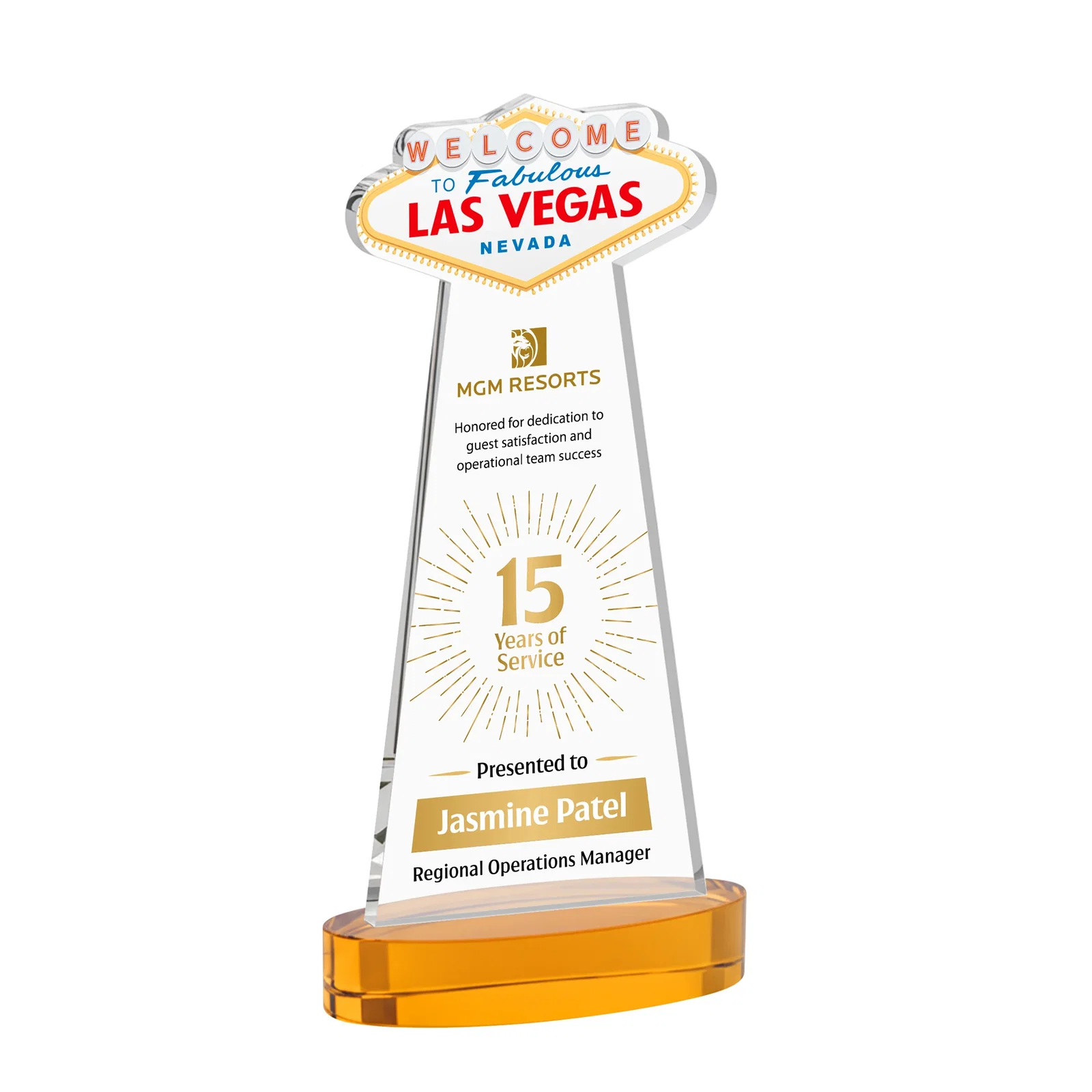 Branded Starfire Crystal Las Vegas Sign Award on Alberton Oval Base for donor appreciation