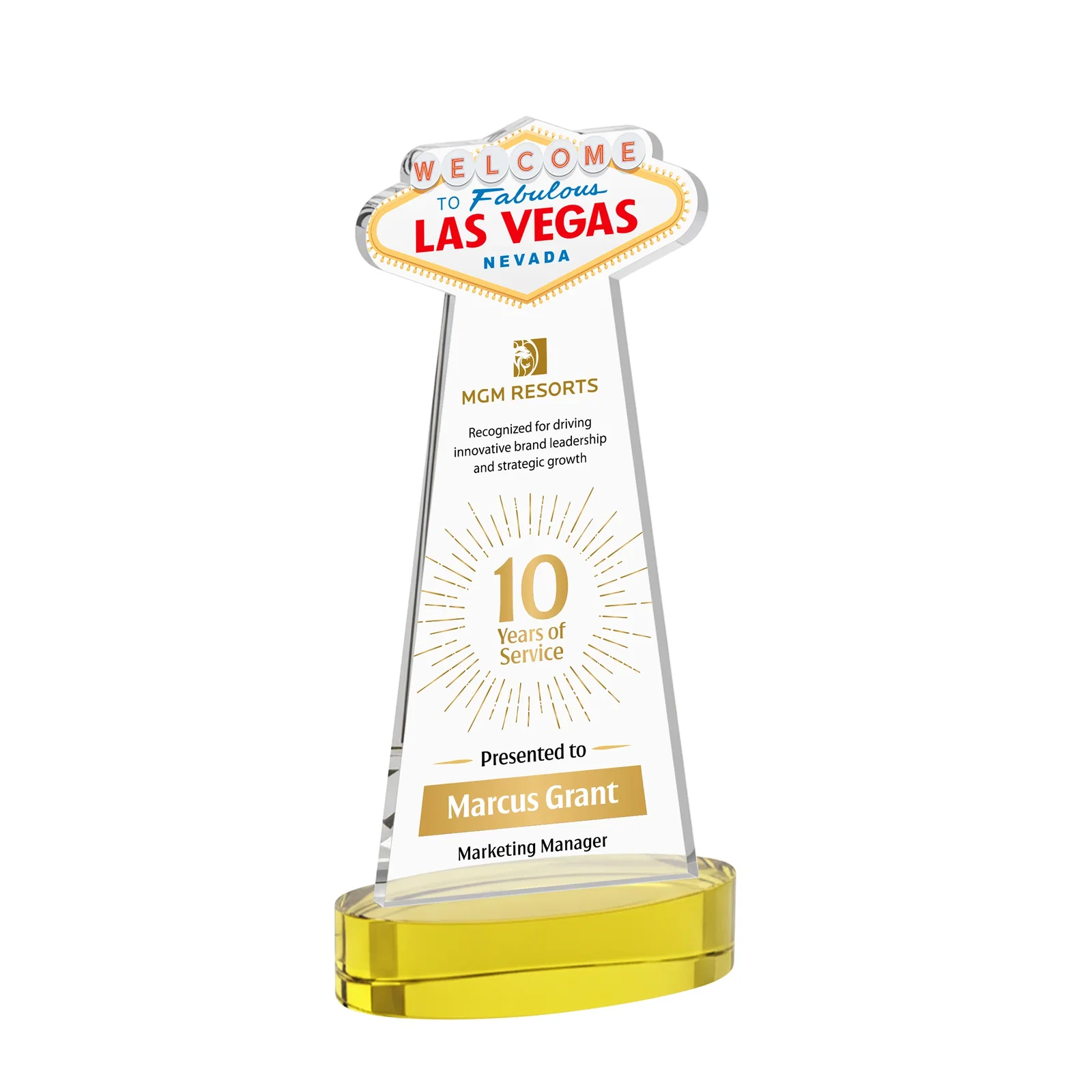 Branded Starfire Crystal Las Vegas Sign Award on Alberton Oval Base for volunteer appreciation