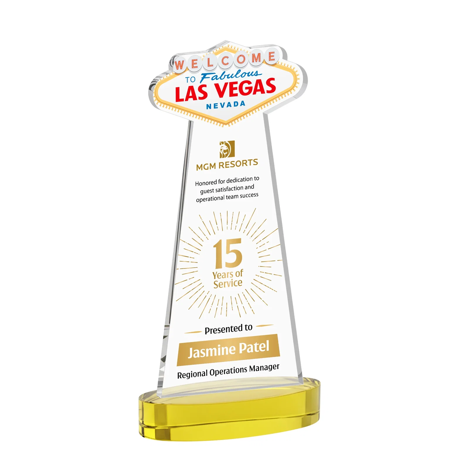 Branded Starfire Crystal Las Vegas Sign Award on Alberton Oval Base for dealer and partner awards