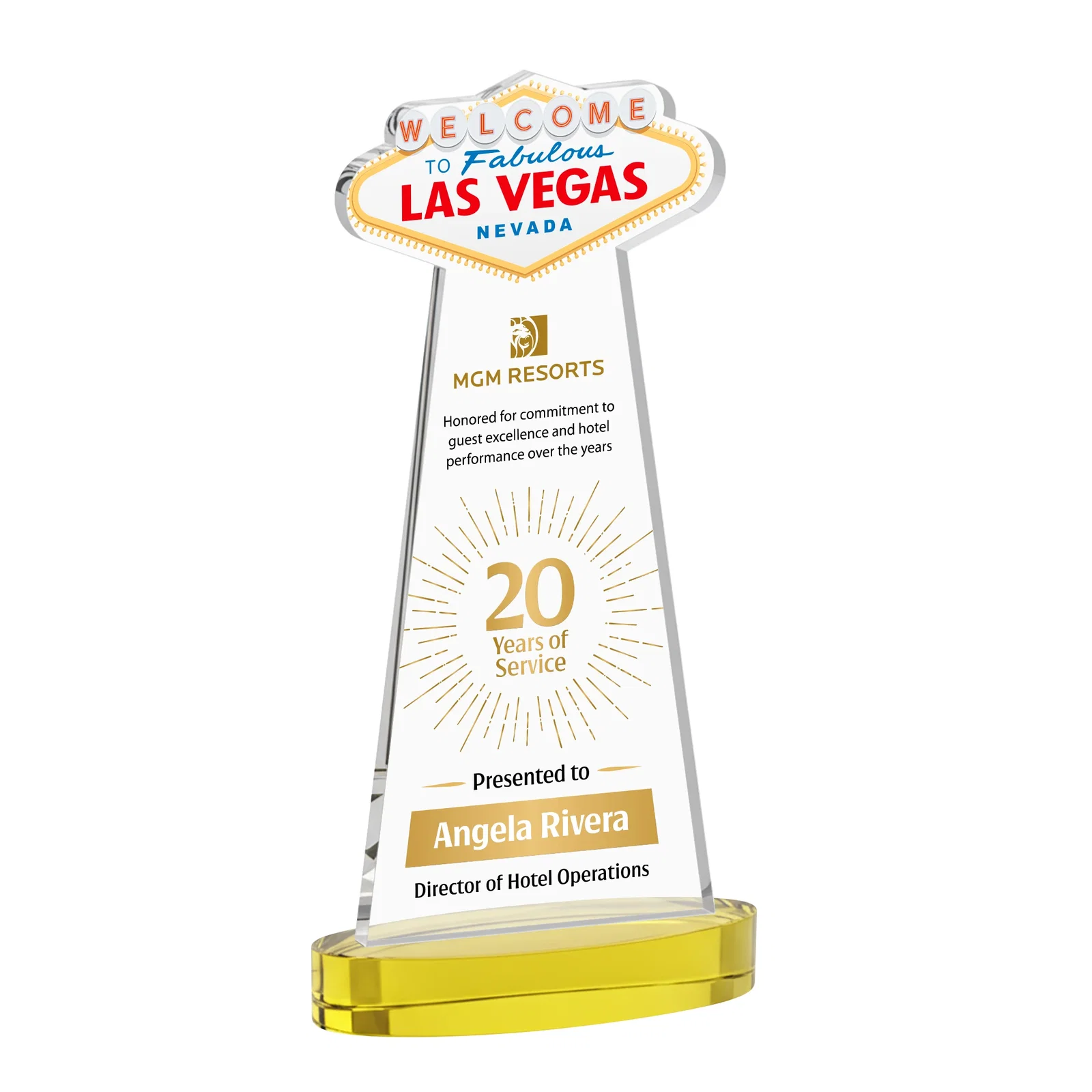 Branded Starfire Crystal Las Vegas Sign Award on Alberton Oval Base for company anniversary events