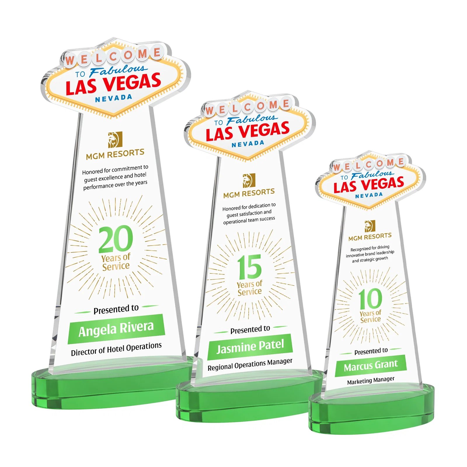 Custom printed Starfire Crystal Las Vegas Sign Award on Alberton Oval Base for employee recognition