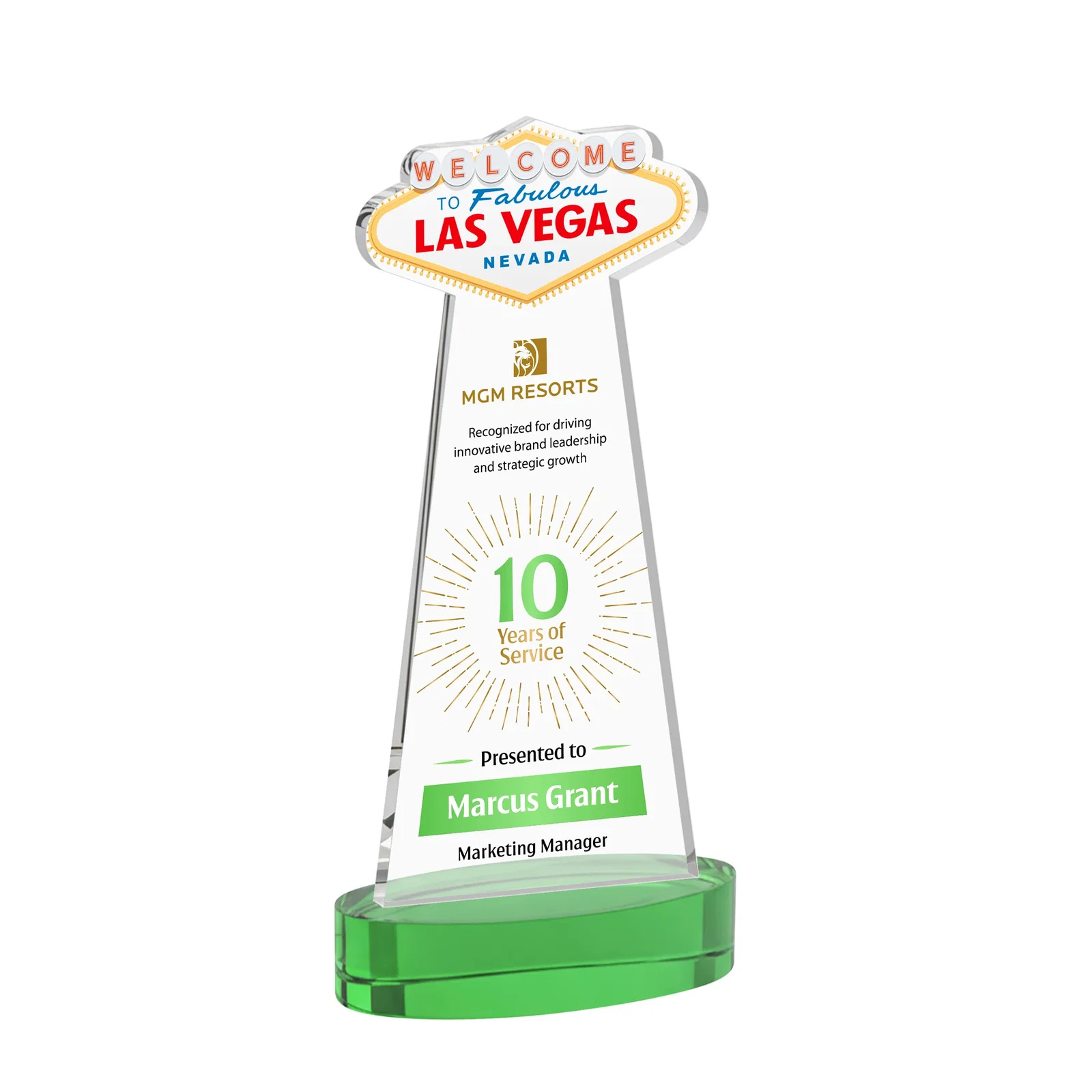 Custom printed Starfire Crystal Las Vegas Sign Award on Alberton Oval Base for corporate award ceremonies