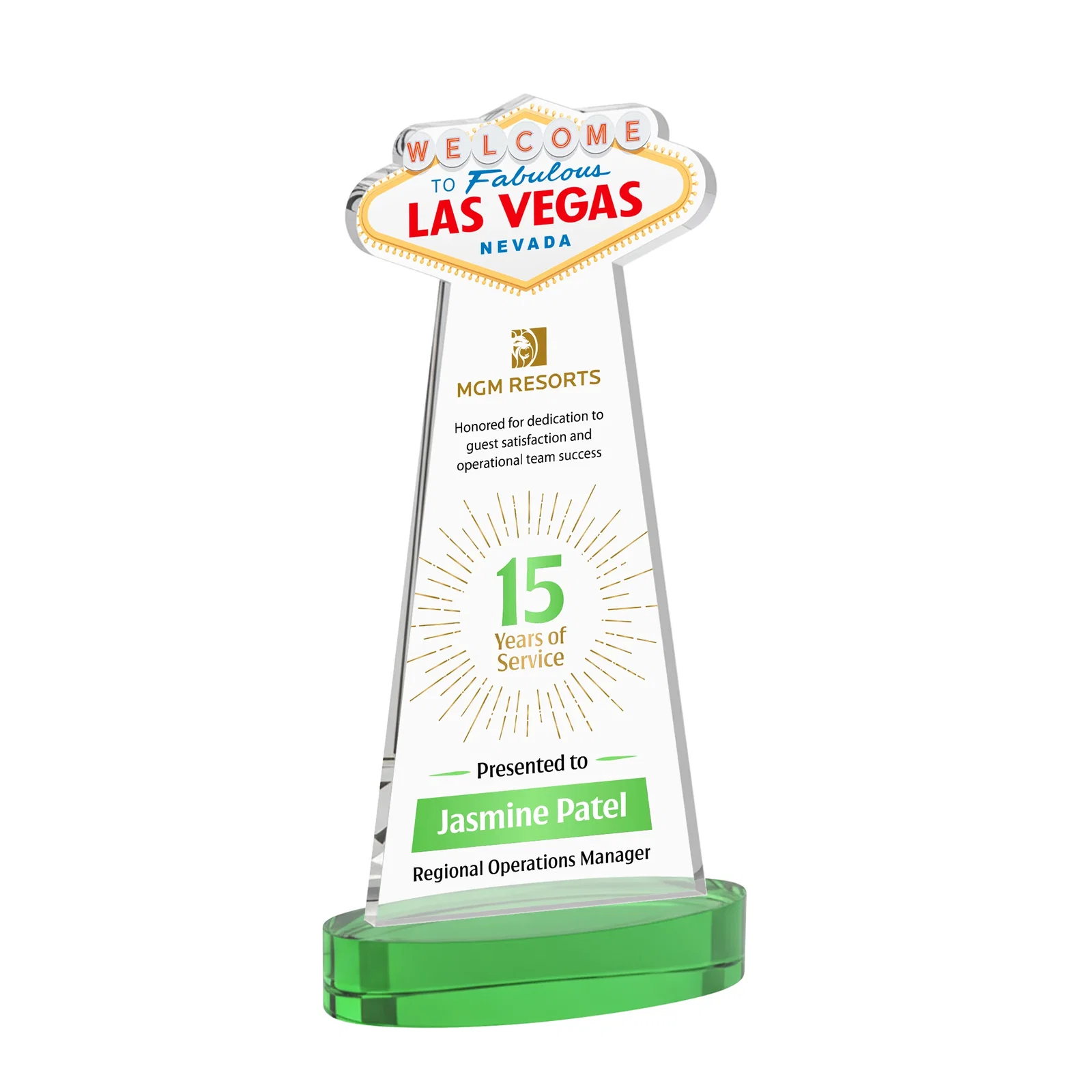 Custom printed Starfire Crystal Las Vegas Sign Award on Alberton Oval Base for service anniversary gifts