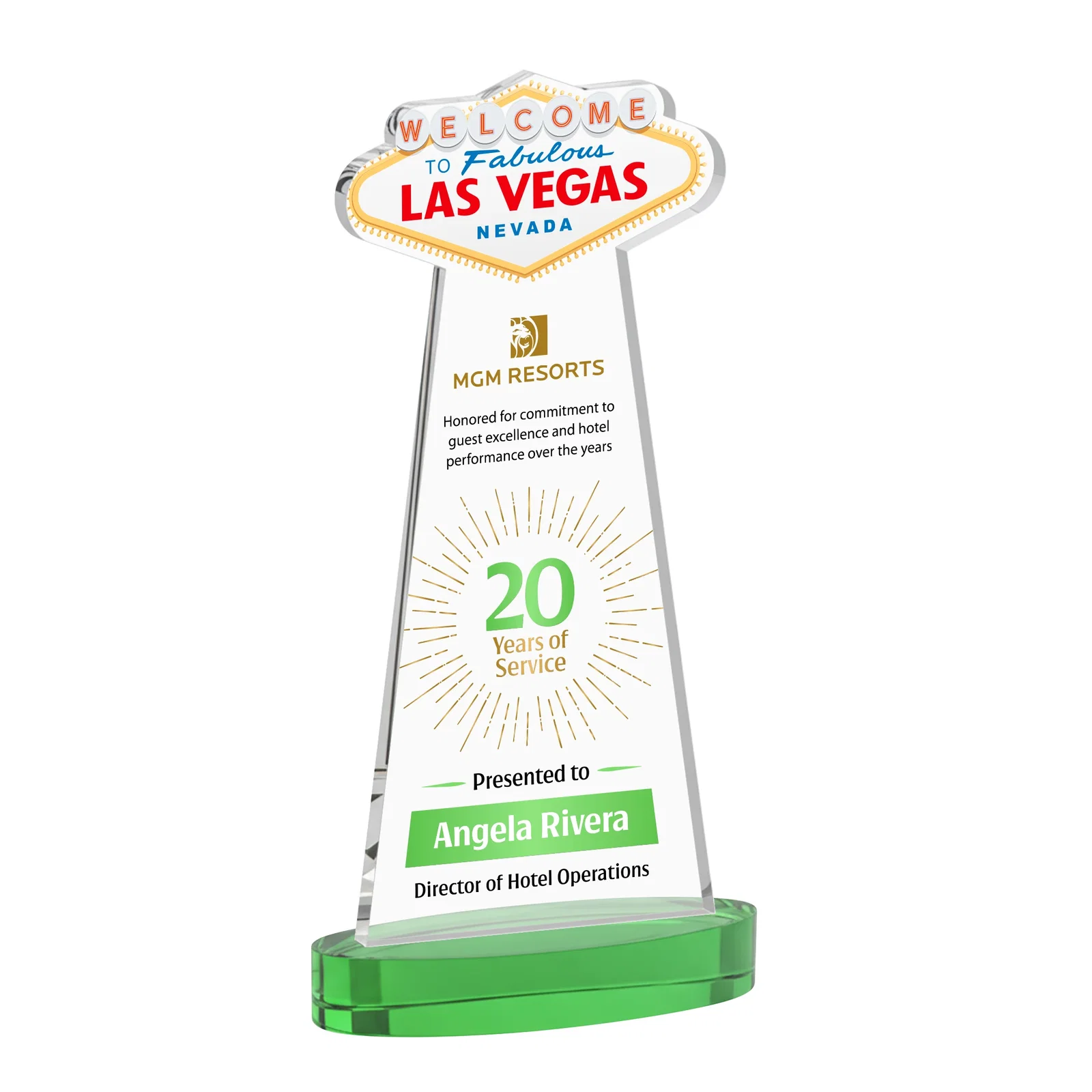 Custom printed Starfire Crystal Las Vegas Sign Award on Alberton Oval Base for sales achievement awards