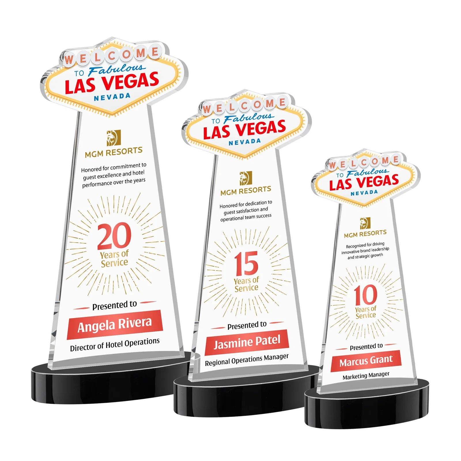 Custom printed Starfire Crystal Las Vegas Sign Award on Alberton Oval Base for retirement presentations