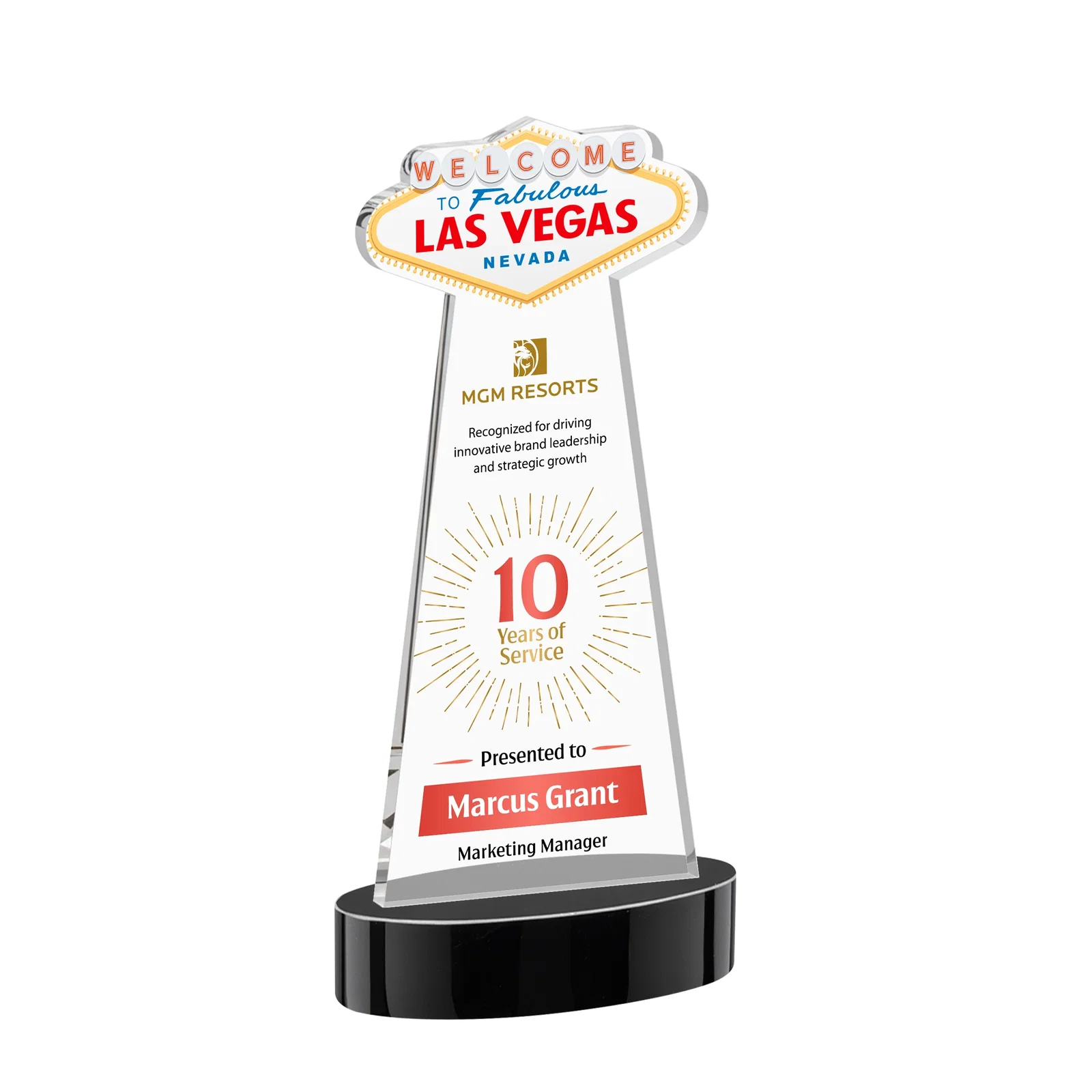 Custom printed Starfire Crystal Las Vegas Sign Award on Alberton Oval Base for team milestone celebrations