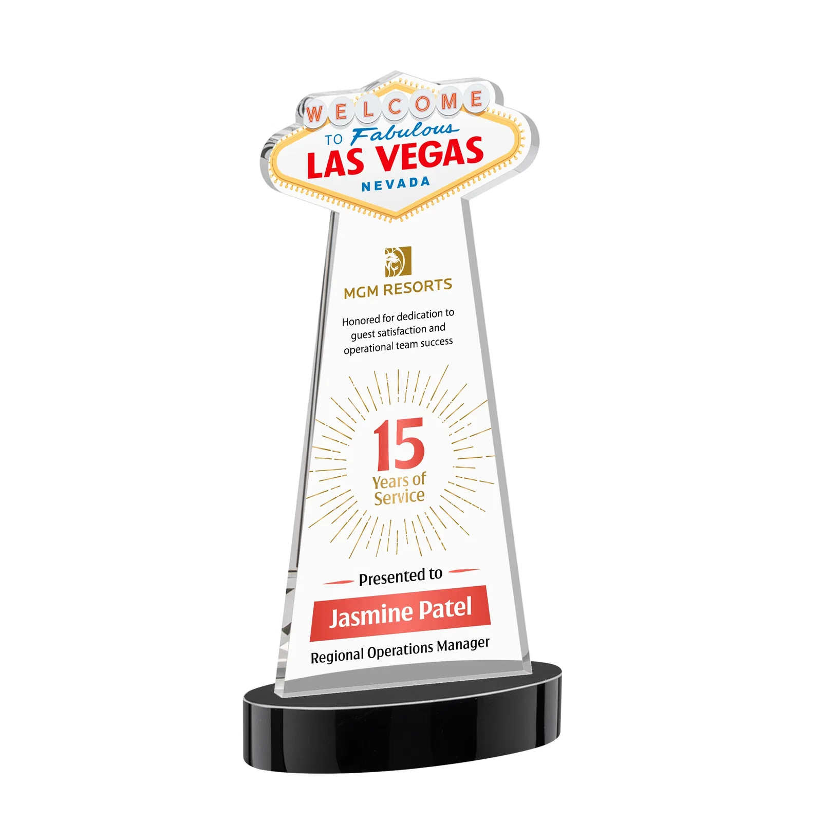 Custom printed Starfire Crystal Las Vegas Sign Award on Alberton Oval Base for donor appreciation