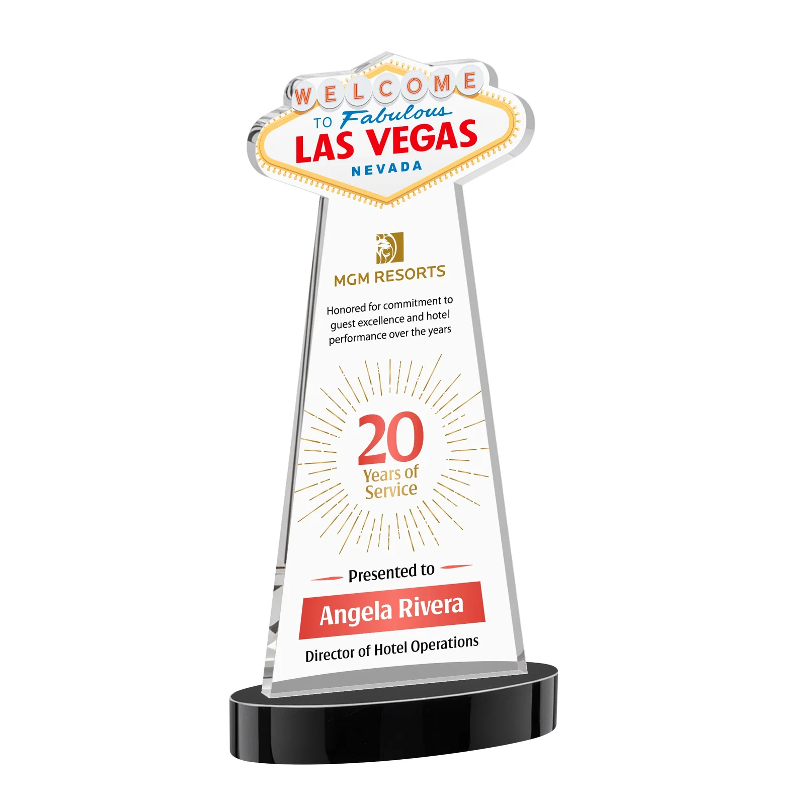 Custom printed Starfire Crystal Las Vegas Sign Award on Alberton Oval Base for graduation ceremonies