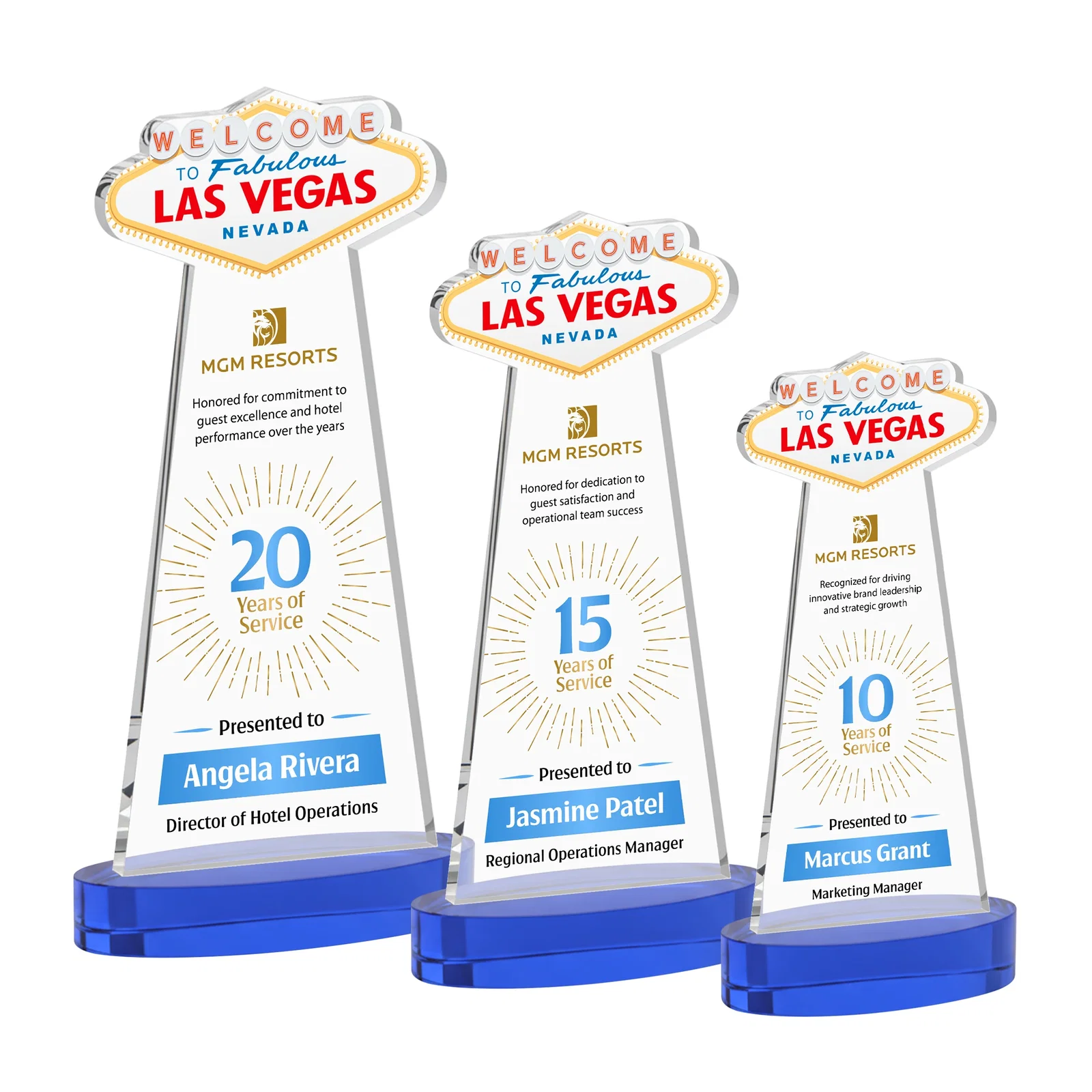 Custom printed Starfire Crystal Las Vegas Sign Award on Alberton Oval Base for safety achievement programs