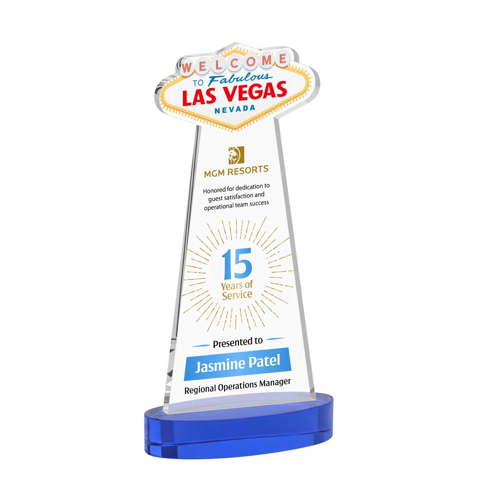Custom printed Starfire Crystal Las Vegas Sign Award on Alberton Oval Base for dealer and partner awards
