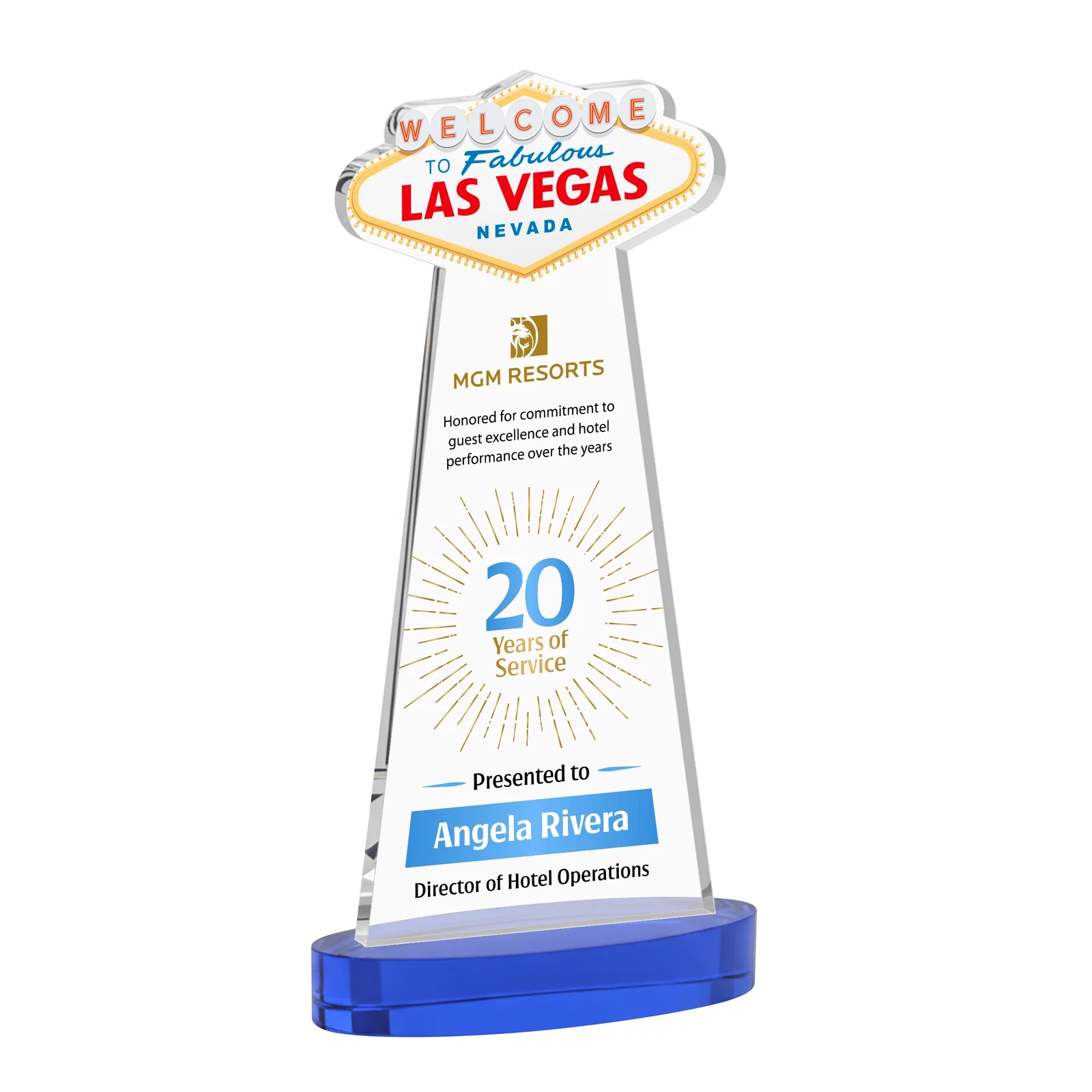 Custom printed Starfire Crystal Las Vegas Sign Award on Alberton Oval Base for company anniversary events