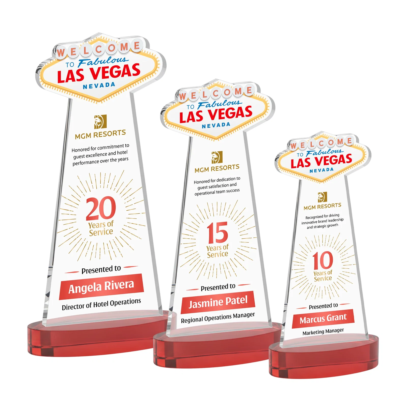 Customized Starfire Crystal Las Vegas Sign Award on Alberton Oval Base for employee recognition