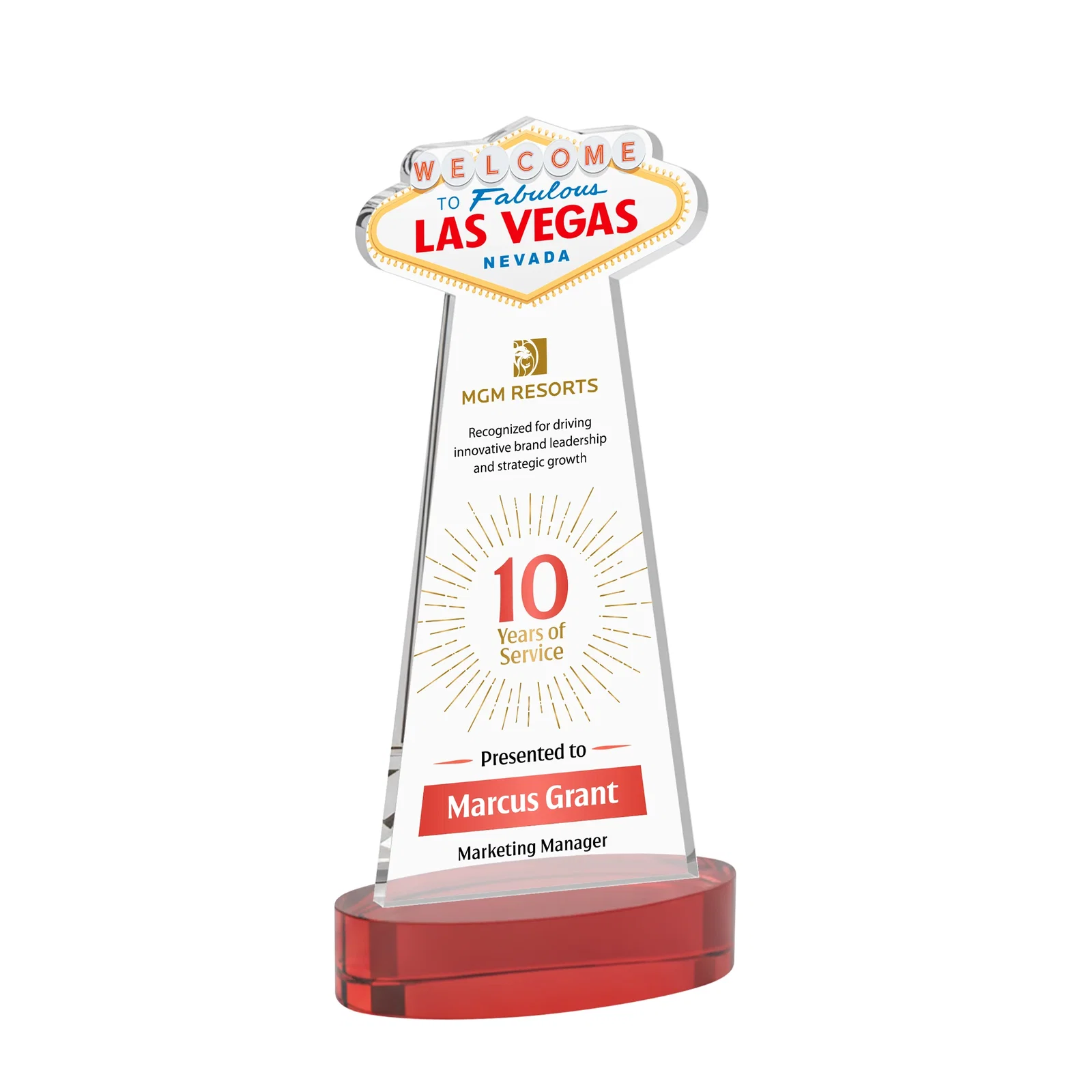 Customized Starfire Crystal Las Vegas Sign Award on Alberton Oval Base for corporate award ceremonies