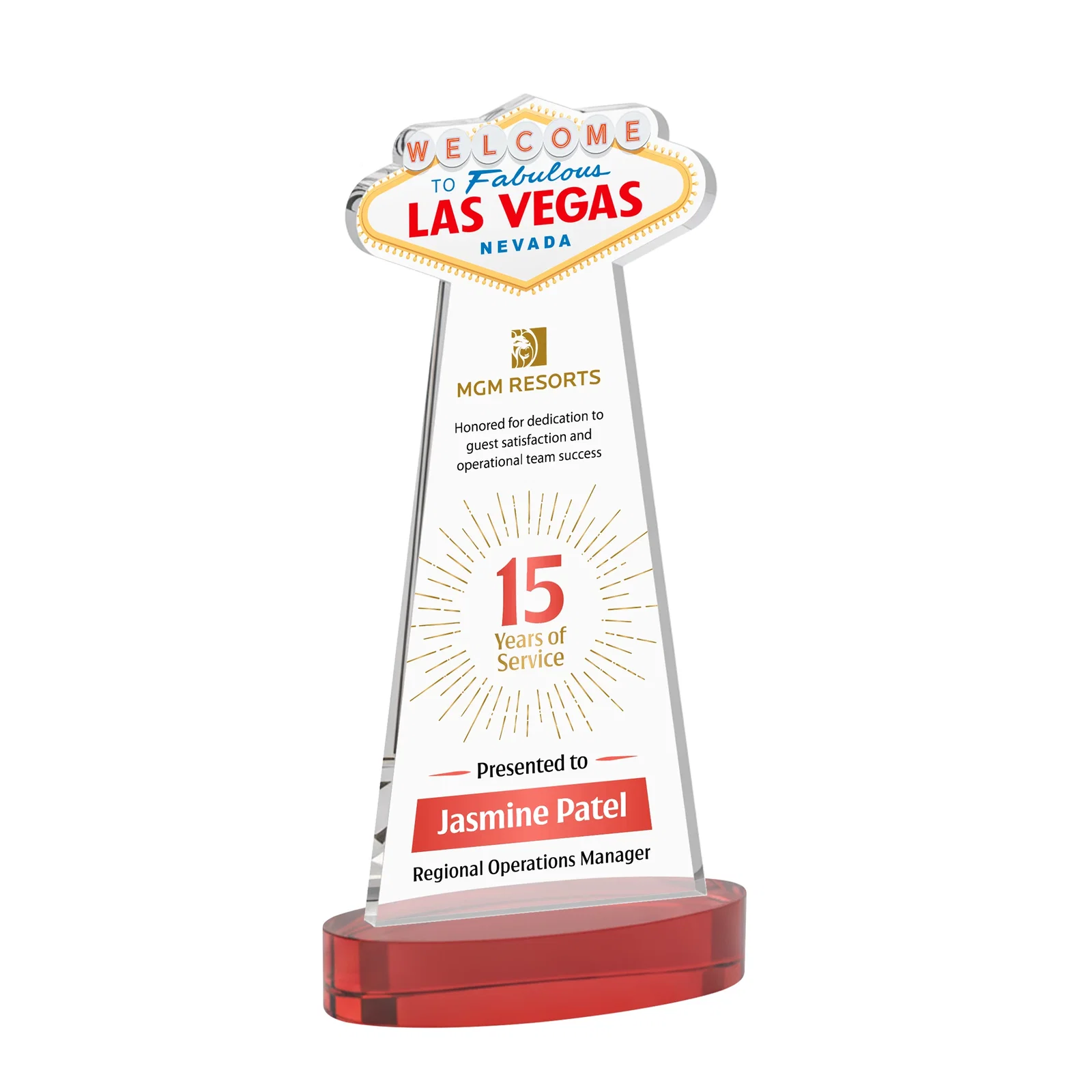 Customized Starfire Crystal Las Vegas Sign Award on Alberton Oval Base for service anniversary gifts