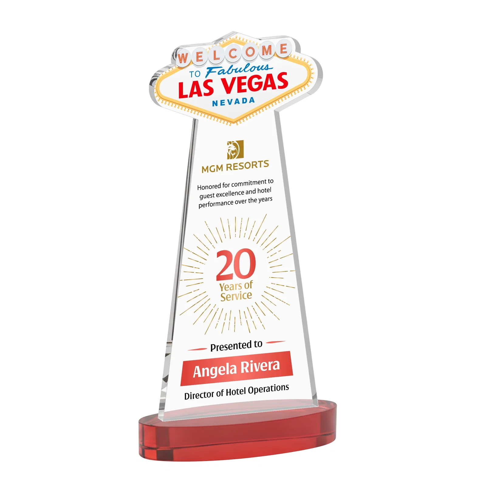 Customized Starfire Crystal Las Vegas Sign Award on Alberton Oval Base for sales achievement awards