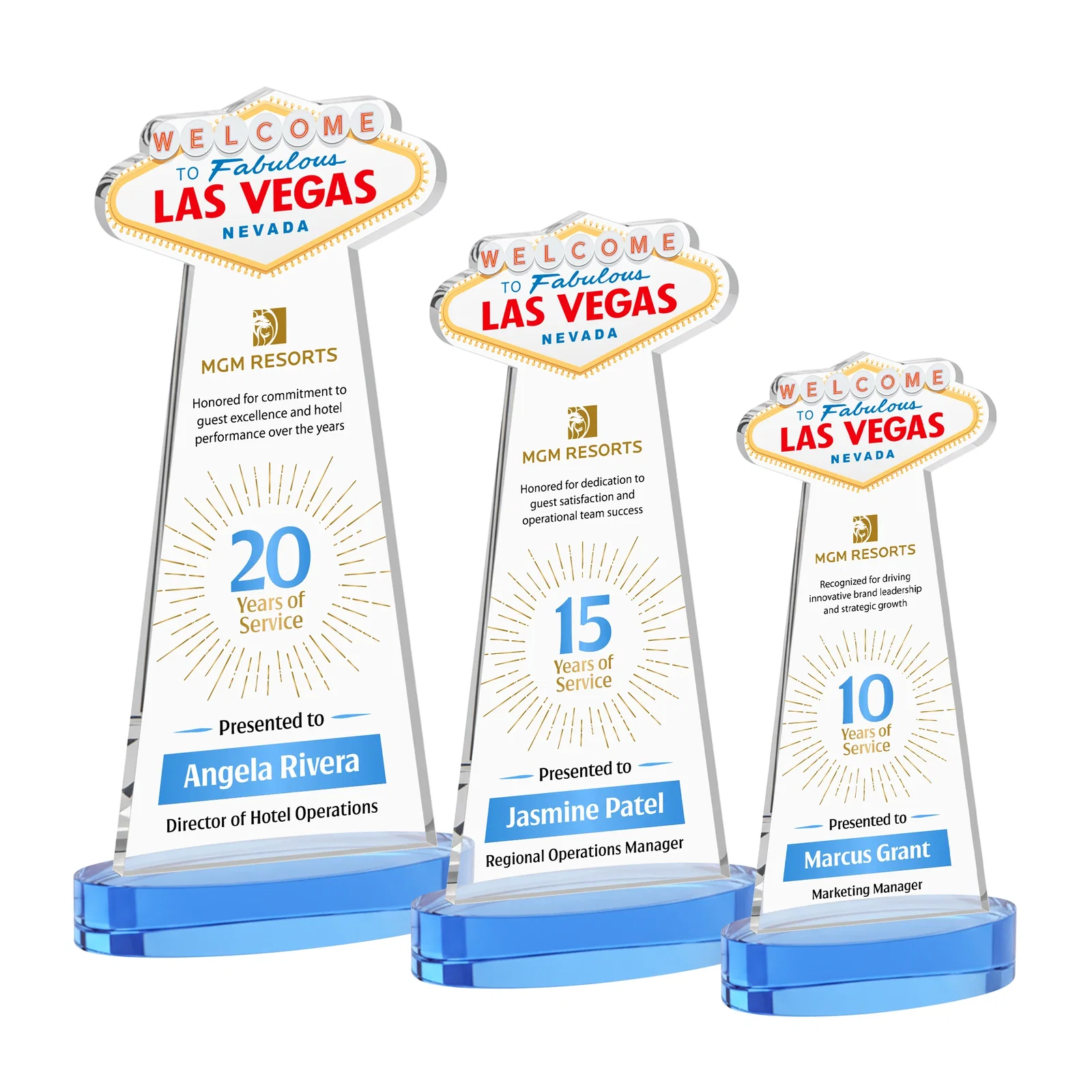 Customized Starfire Crystal Las Vegas Sign Award on Alberton Oval Base for retirement presentations