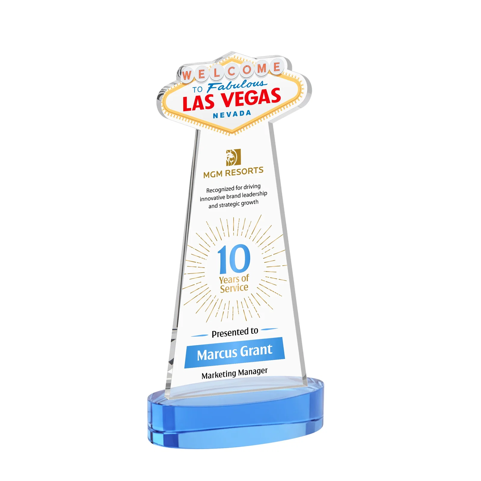 Customized Starfire Crystal Las Vegas Sign Award on Alberton Oval Base for team milestone celebrations