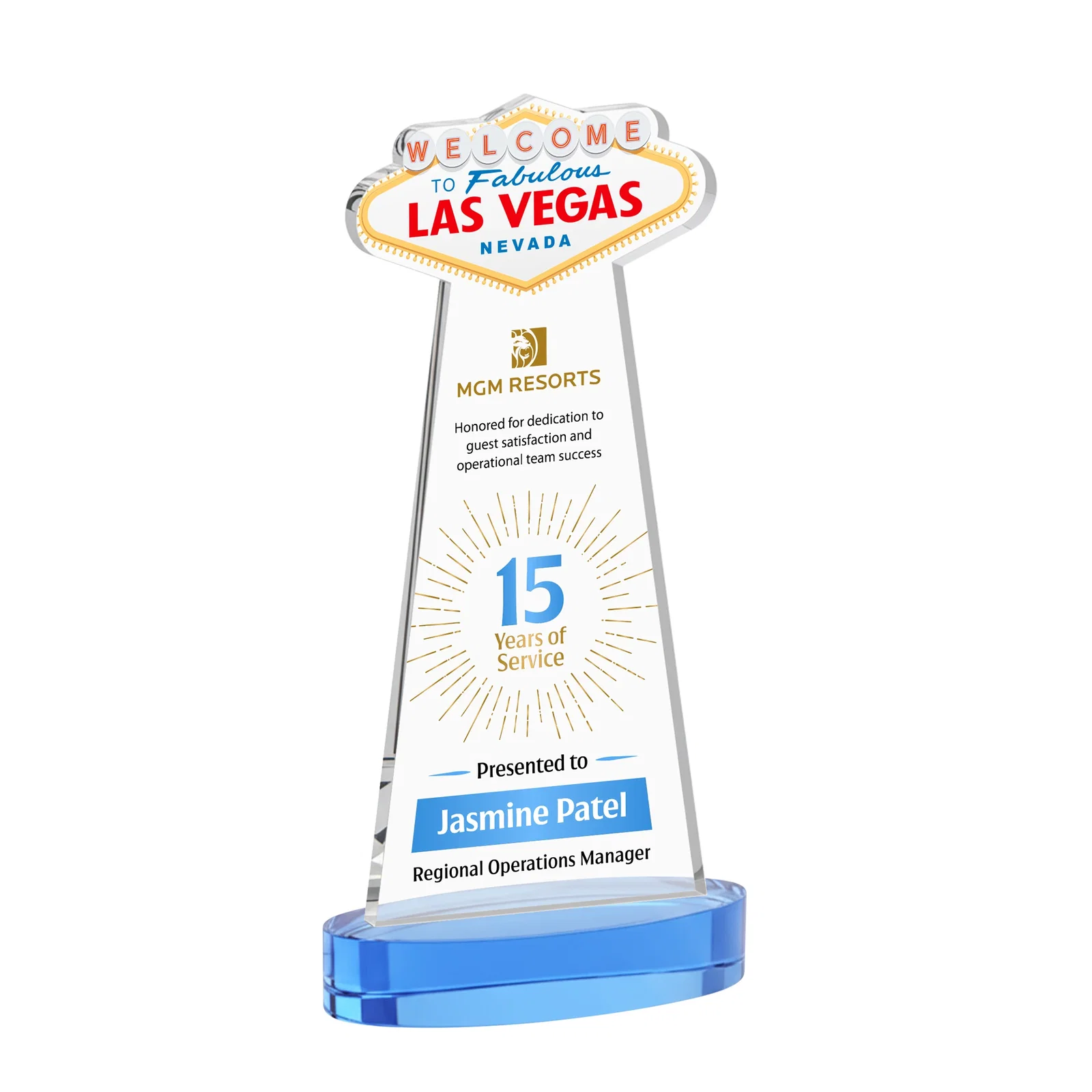 Customized Starfire Crystal Las Vegas Sign Award on Alberton Oval Base for donor appreciation