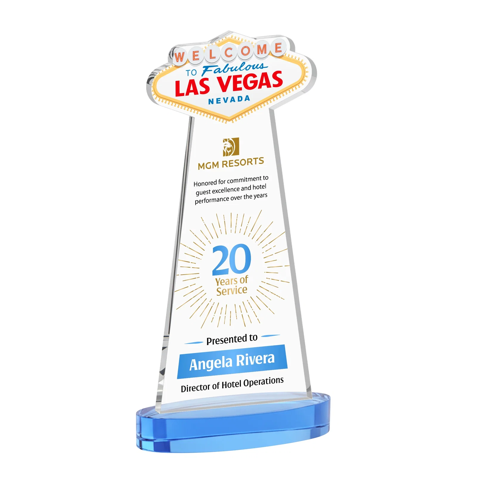 Customized Starfire Crystal Las Vegas Sign Award on Alberton Oval Base for graduation ceremonies