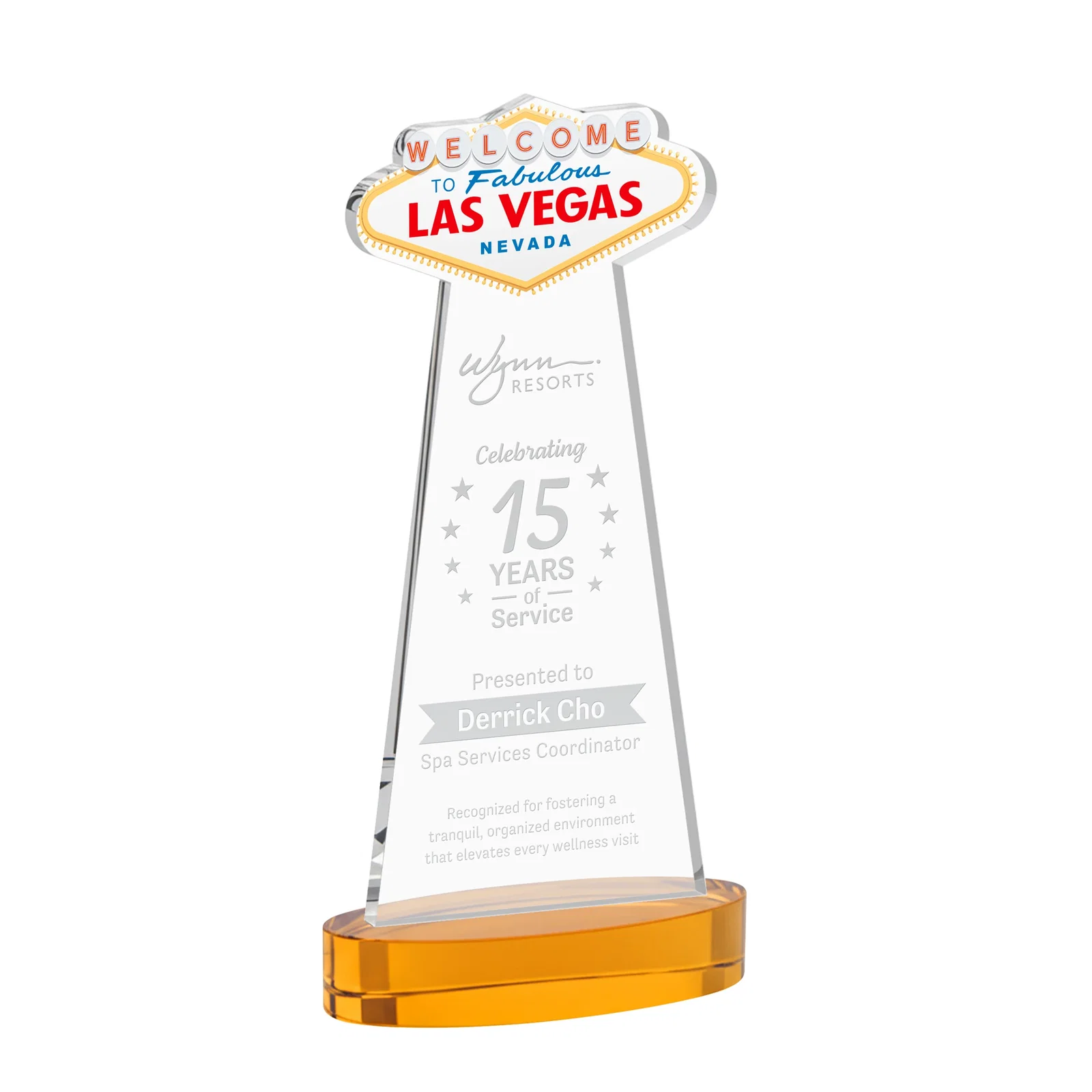 Custom Starfire Crystal Las Vegas Sign Award on Alberton Oval Base for donor appreciation