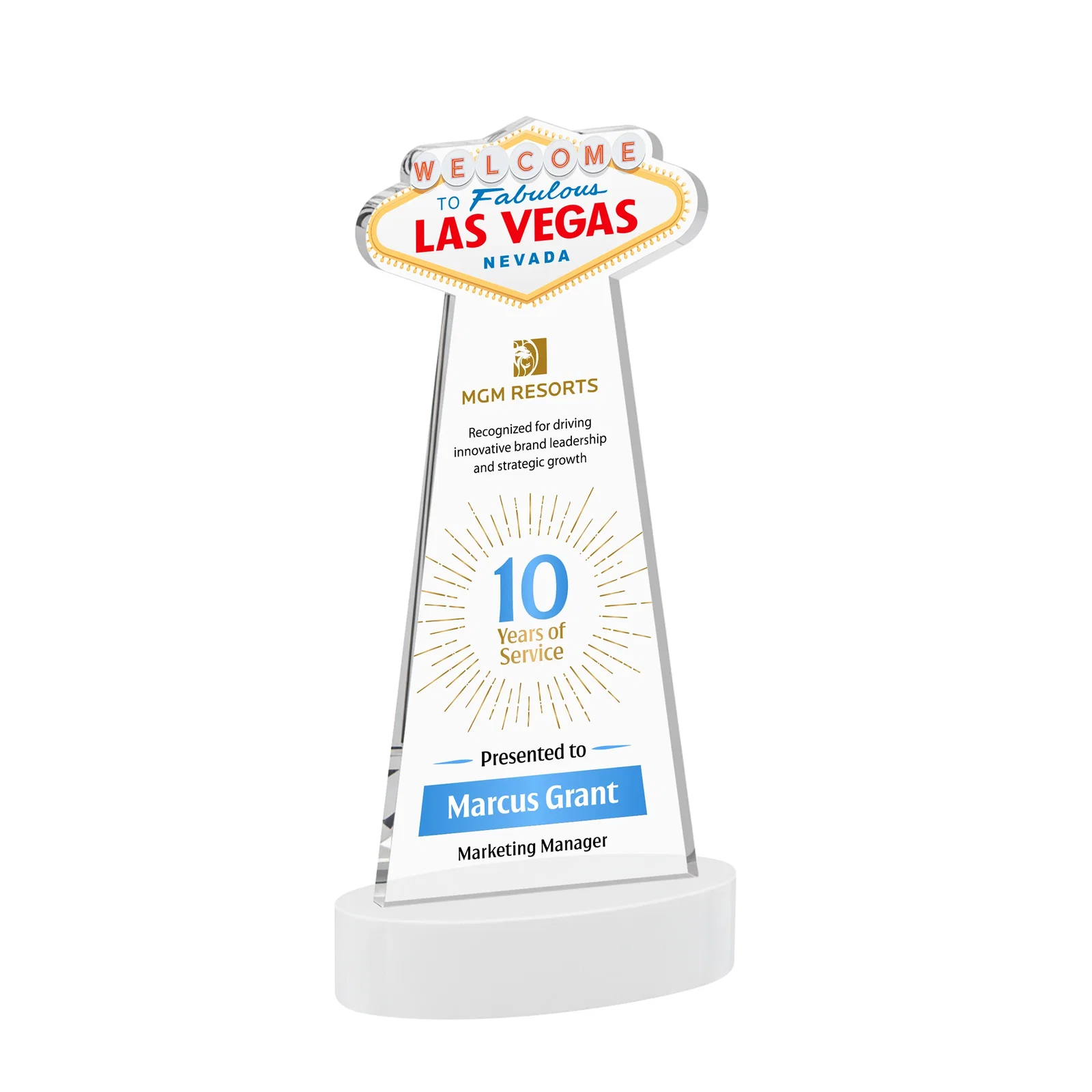 Customized Starfire Crystal Las Vegas Sign Award on Alberton Oval Base for volunteer appreciation