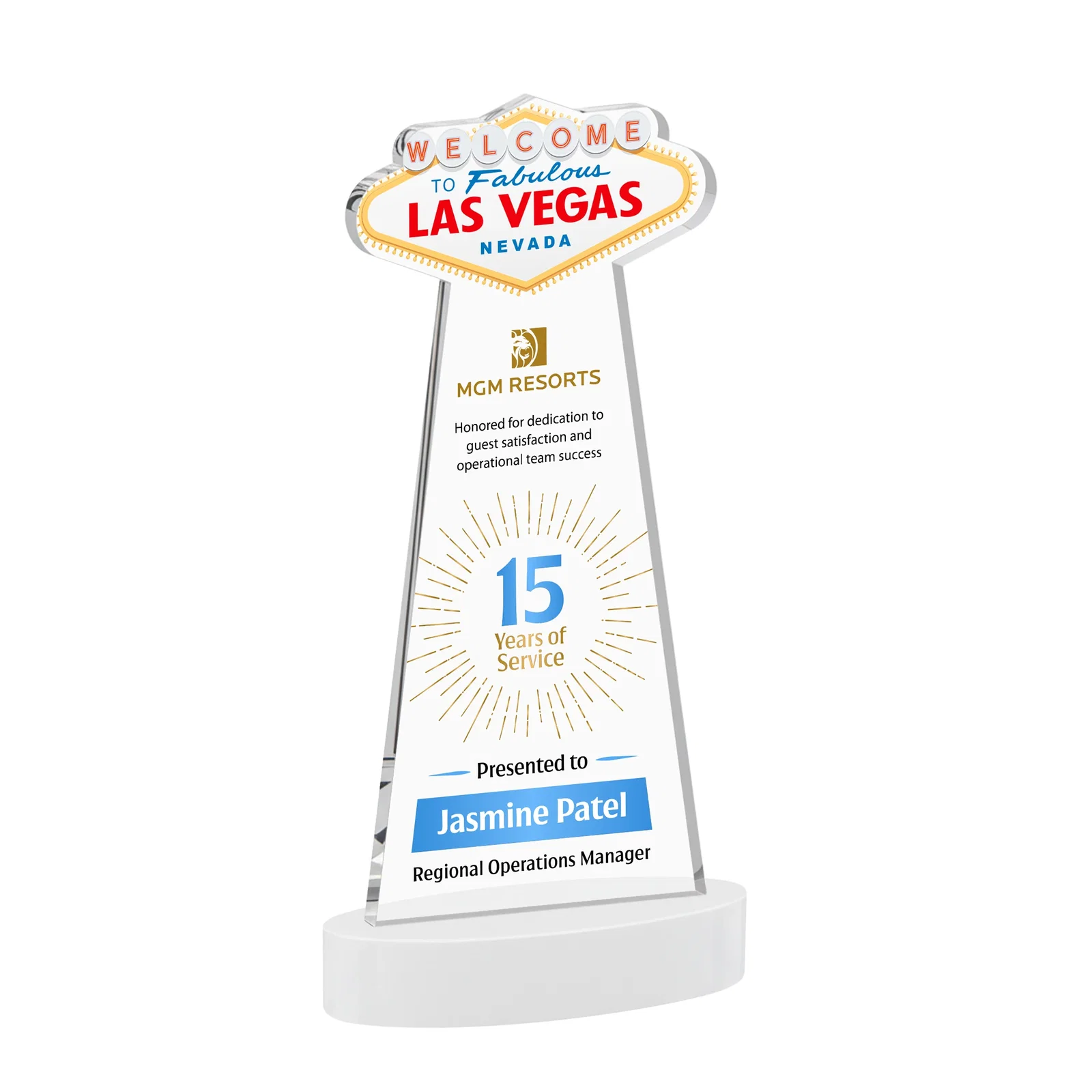 Customized Starfire Crystal Las Vegas Sign Award on Alberton Oval Base for dealer and partner awards