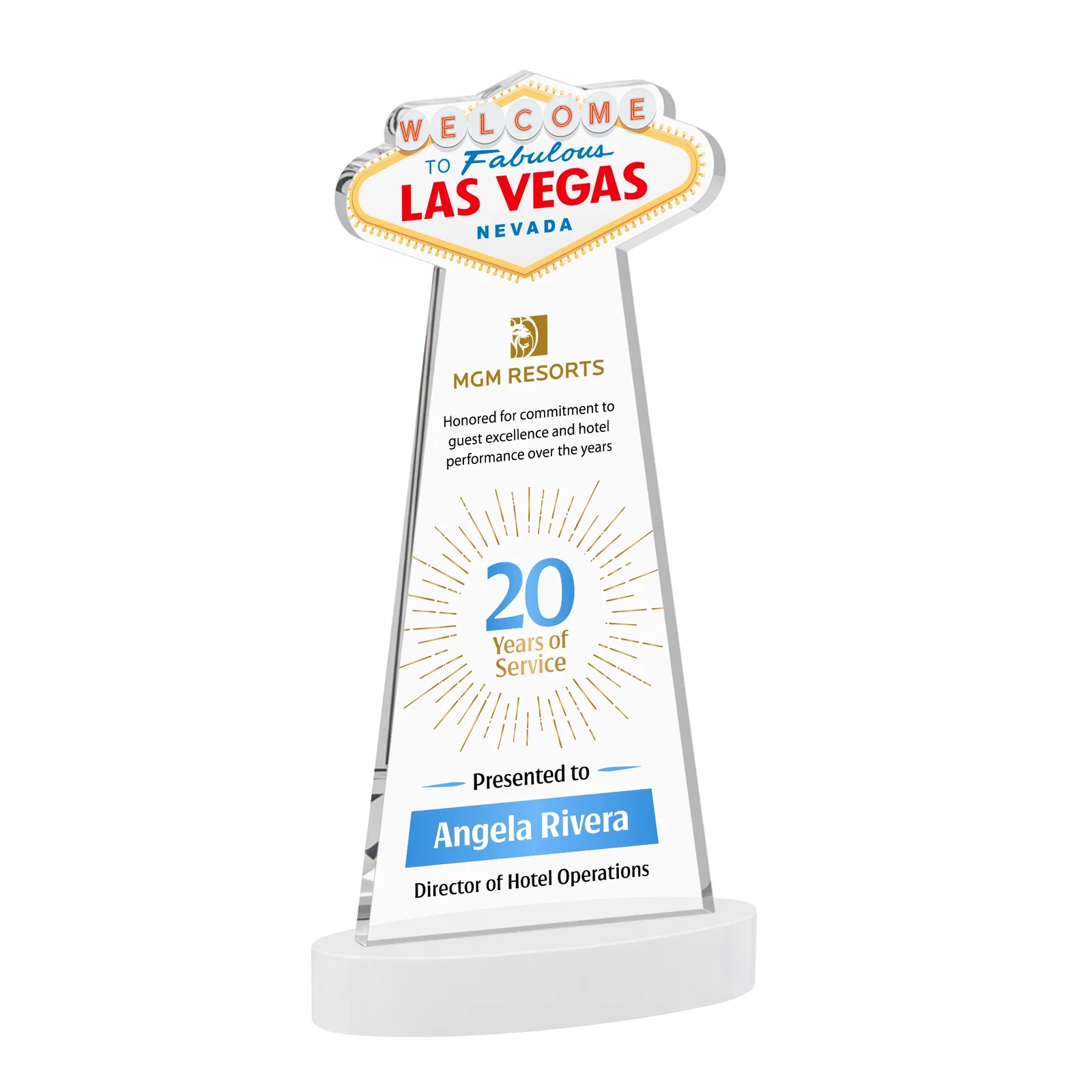 Customized Starfire Crystal Las Vegas Sign Award on Alberton Oval Base for company anniversary events