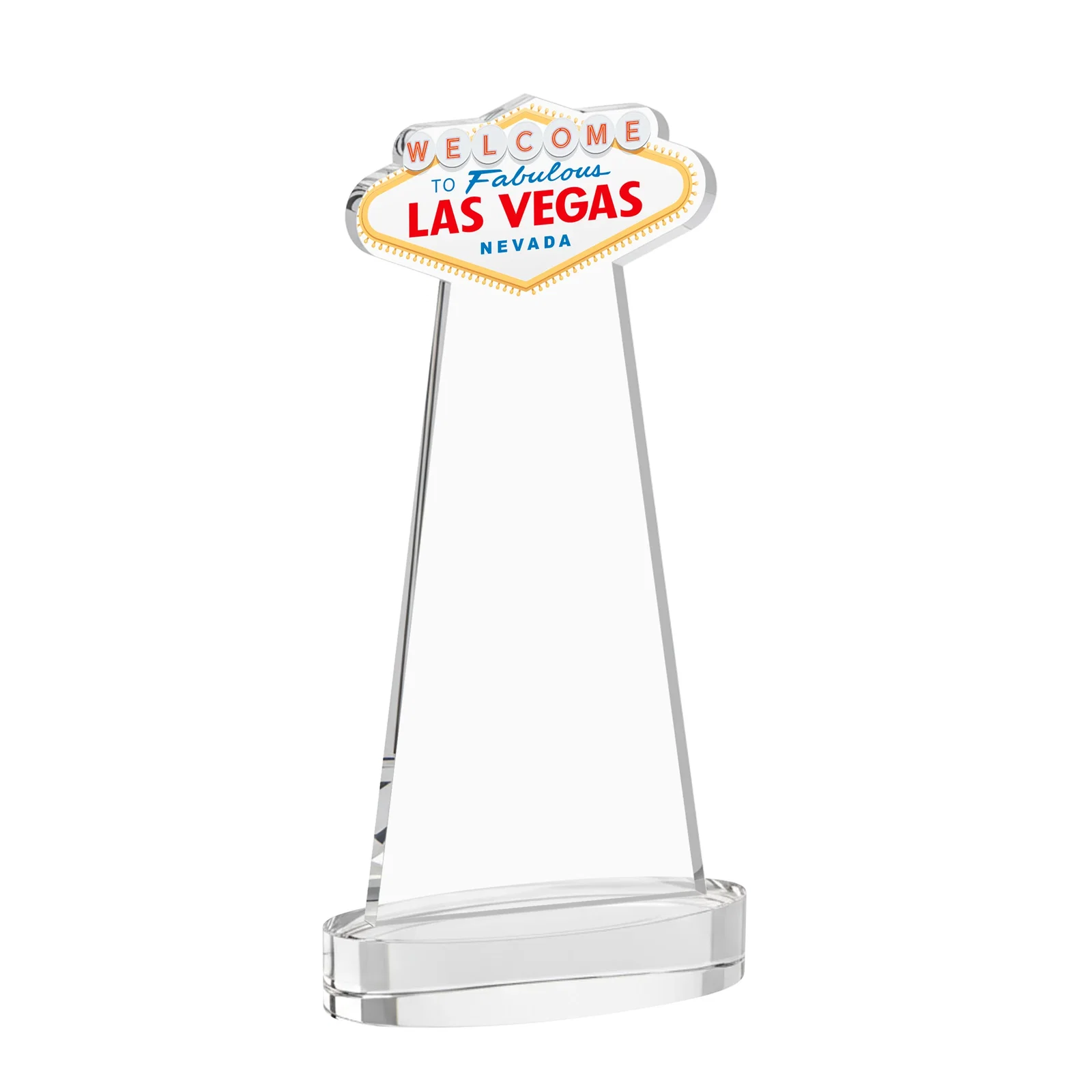 Custom engraved Starfire Crystal Las Vegas Sign Award on Alberton Oval Base for corporate award ceremonies