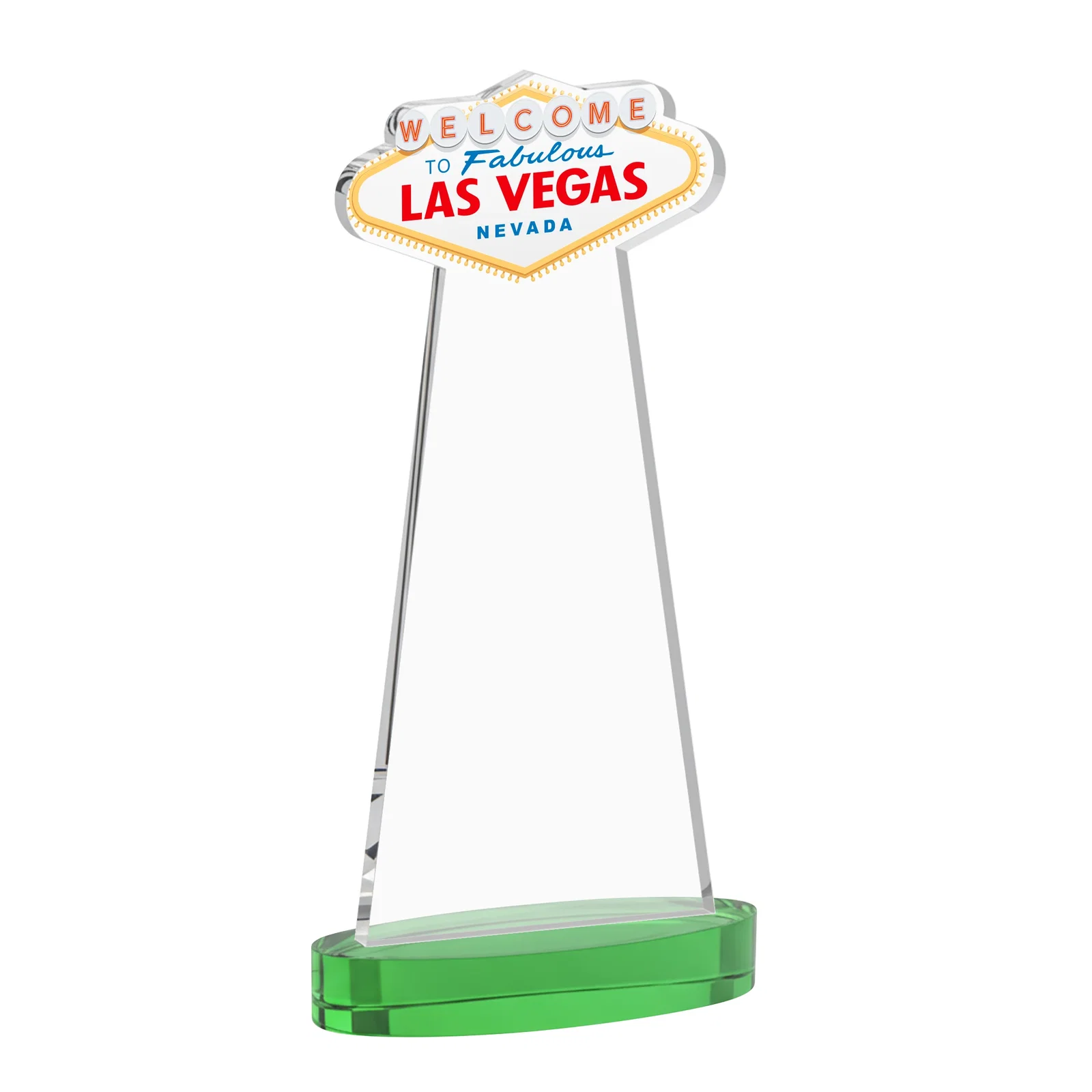 Custom engraved Starfire Crystal Las Vegas Sign Award on Alberton Oval Base for company anniversary events