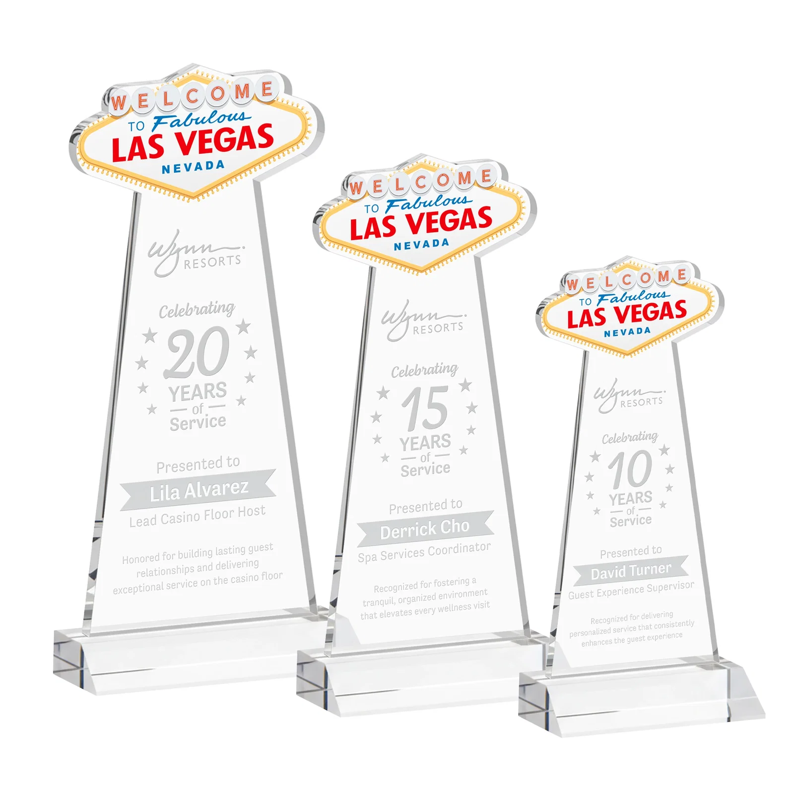 Custom Starfire Crystal Las Vegas Sign Award on Front-Mitered Base for employee recognition