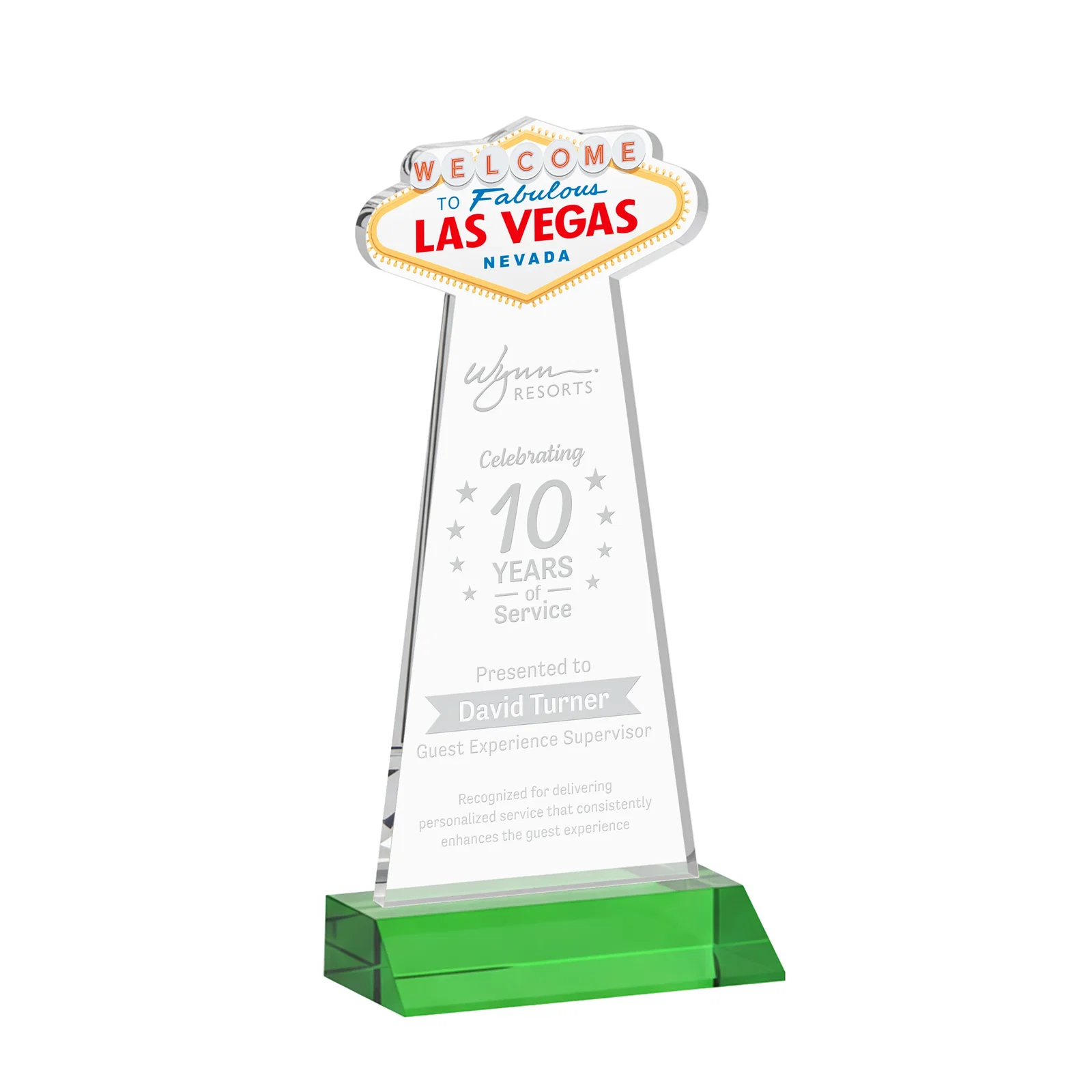 Custom Starfire Crystal Las Vegas Sign Award on Front-Mitered Base for volunteer appreciation