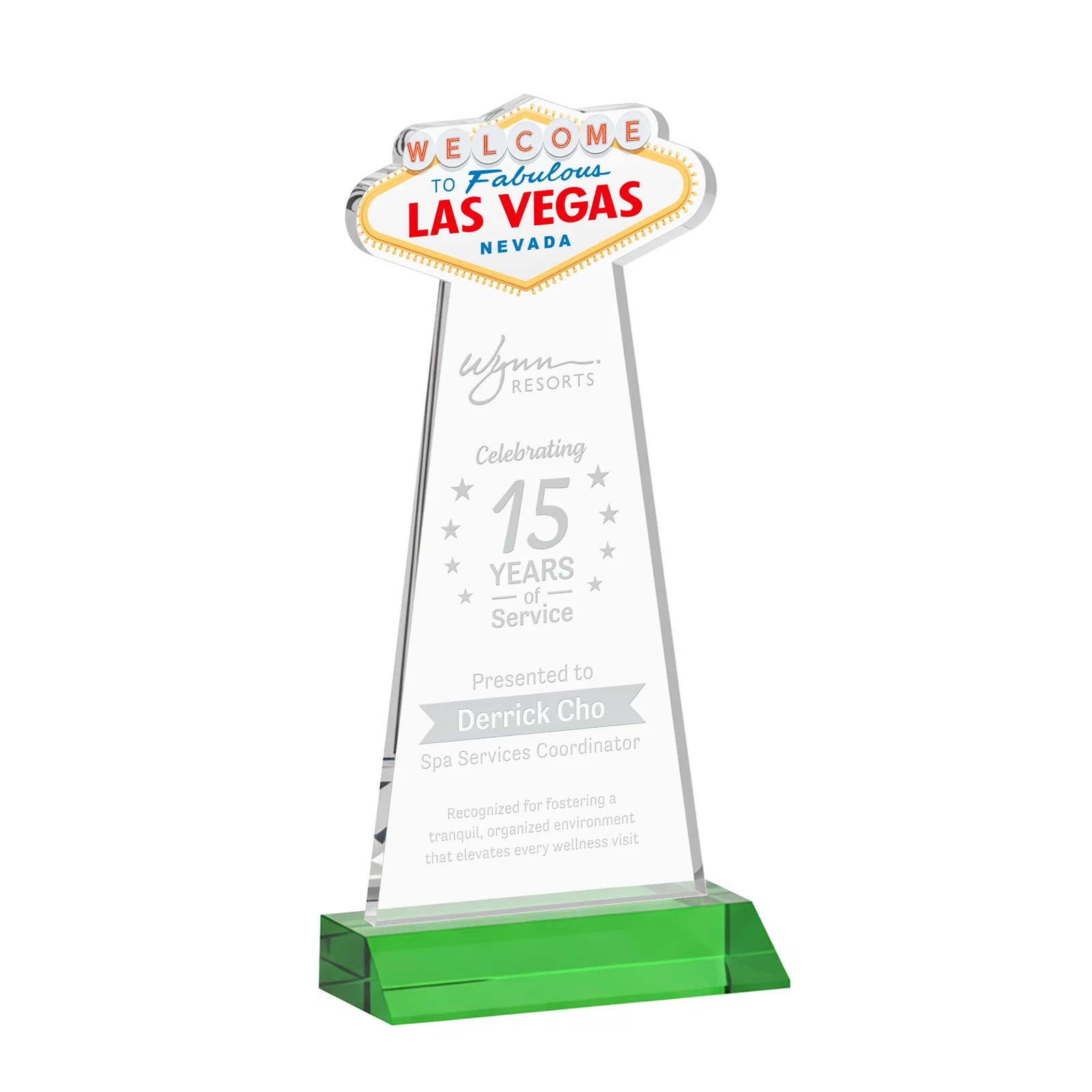Custom Starfire Crystal Las Vegas Sign Award on Front-Mitered Base for dealer and partner awards