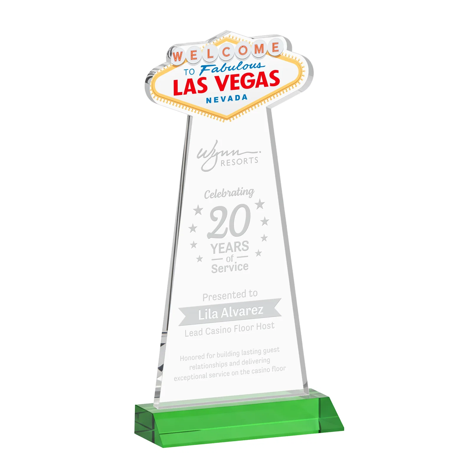 Custom Starfire Crystal Las Vegas Sign Award on Front-Mitered Base for company anniversary events