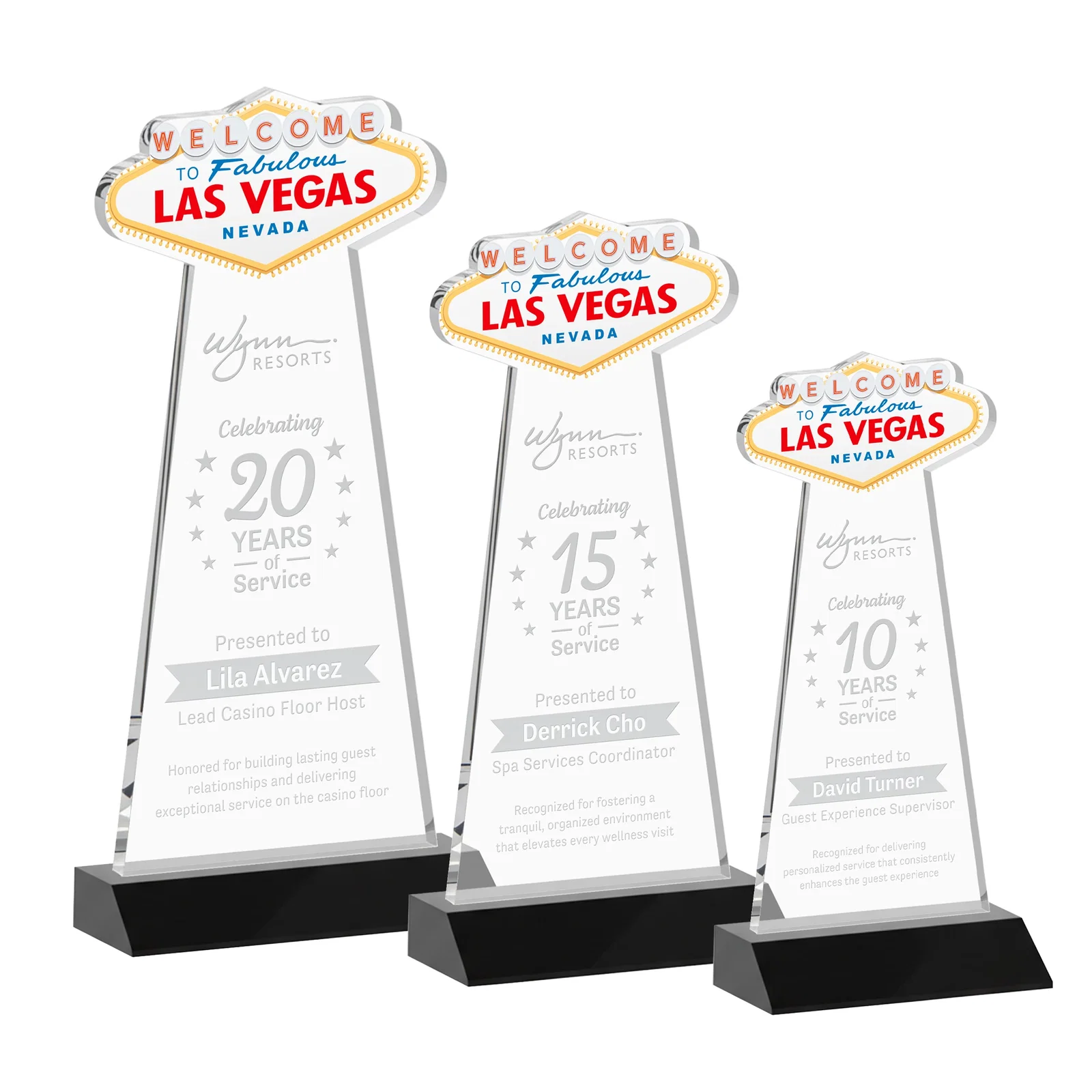 Personalized Starfire Crystal Las Vegas Sign Award on Front-Mitered Base for employee recognition