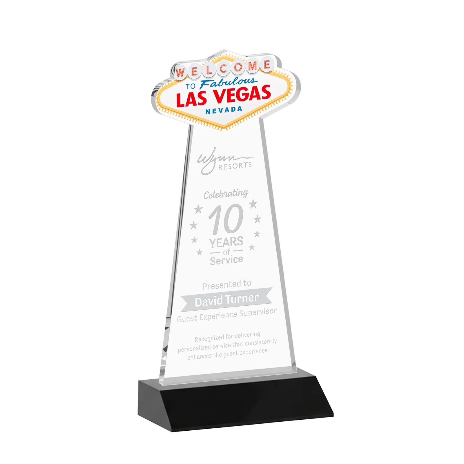 Personalized Starfire Crystal Las Vegas Sign Award on Front-Mitered Base for corporate award ceremonies