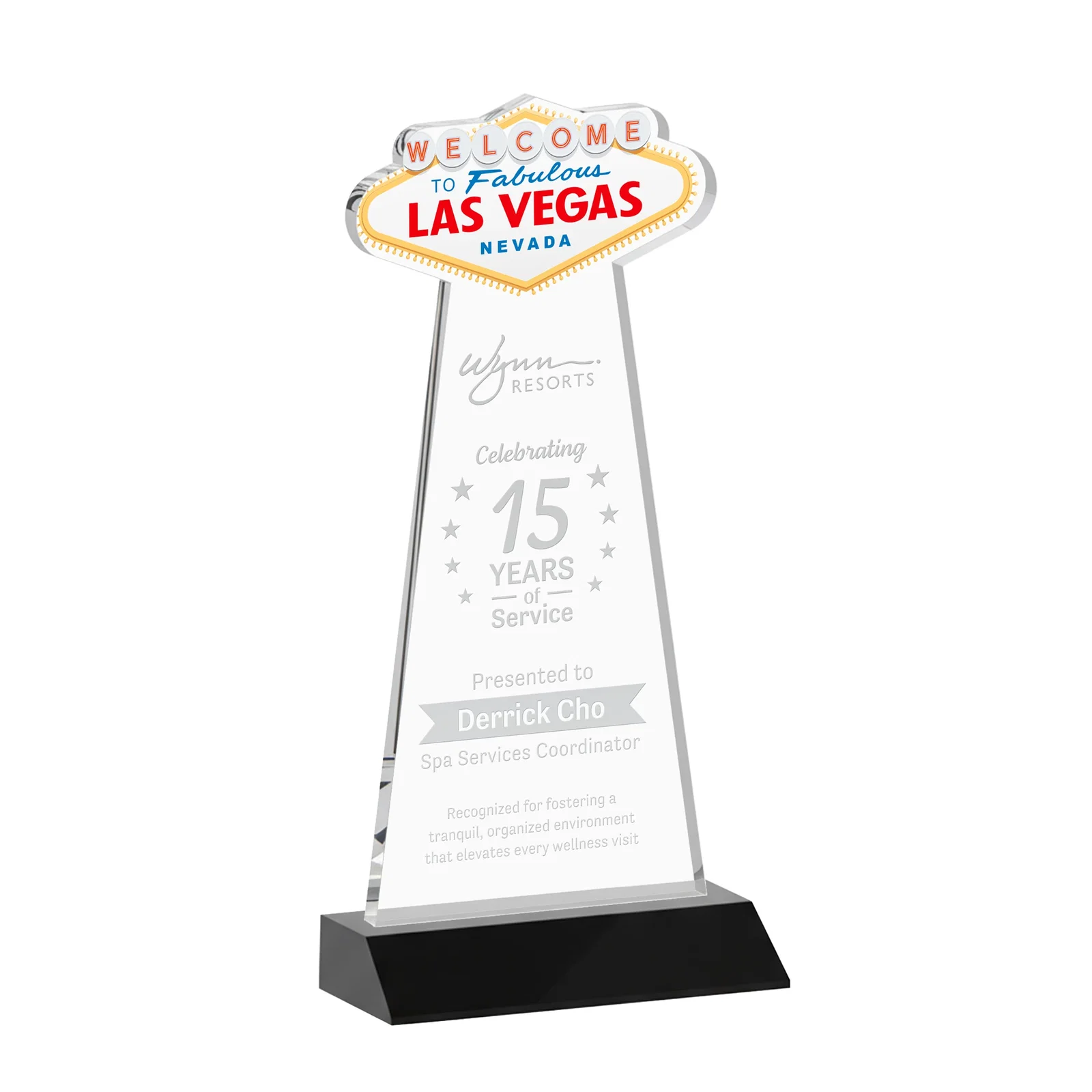 Personalized Starfire Crystal Las Vegas Sign Award on Front-Mitered Base for service anniversary gifts