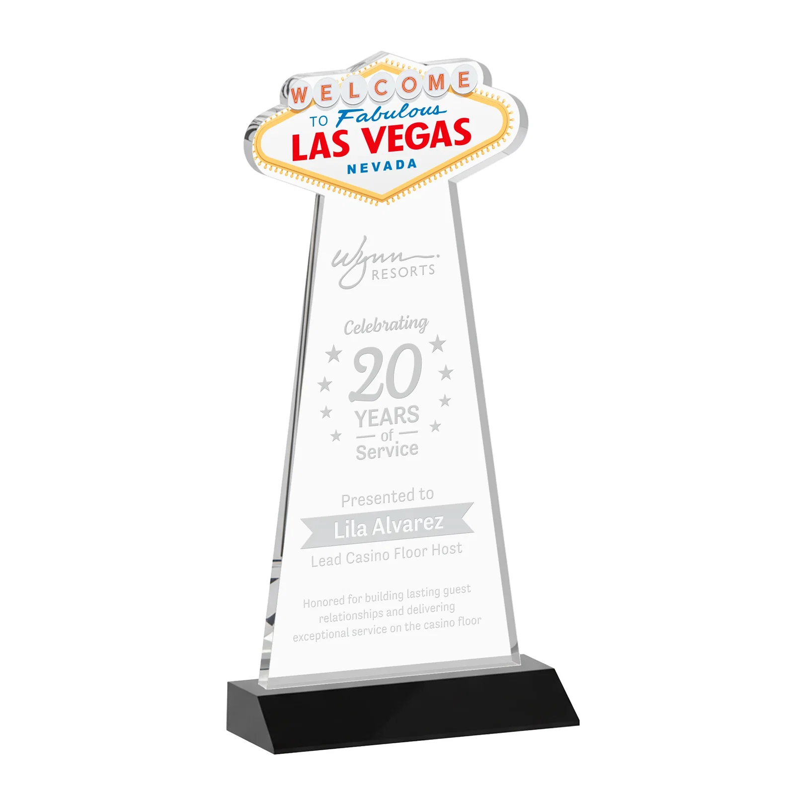 Personalized Starfire Crystal Las Vegas Sign Award on Front-Mitered Base for sales achievement awards