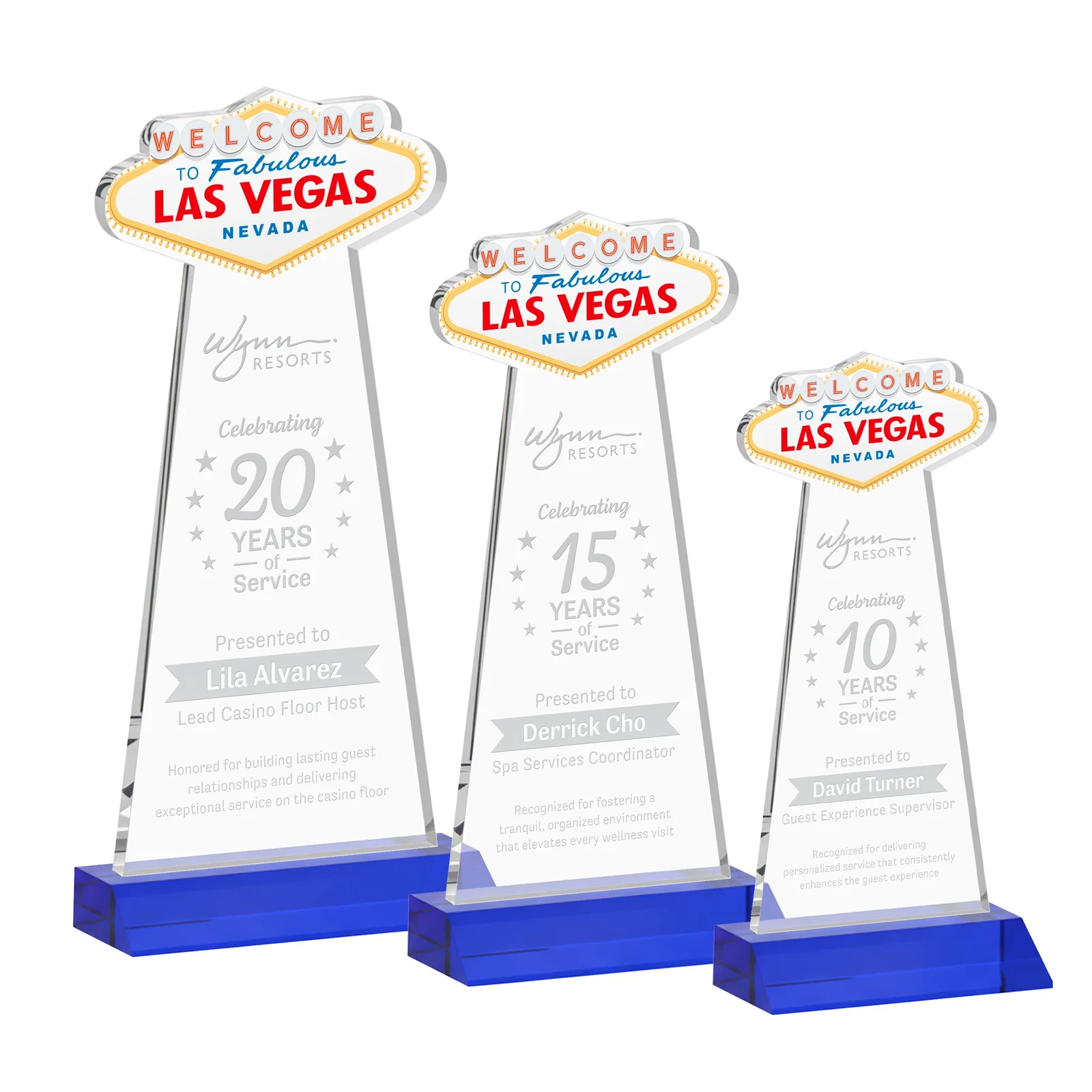 Personalized Starfire Crystal Las Vegas Sign Award on Front-Mitered Base for retirement presentations