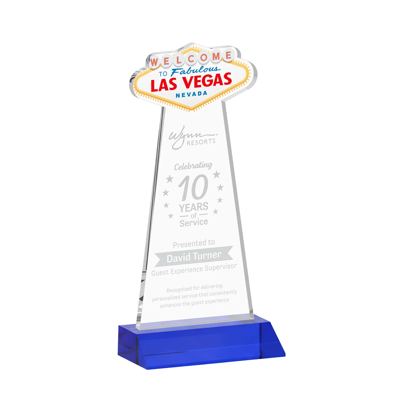 Personalized Starfire Crystal Las Vegas Sign Award on Front-Mitered Base for team milestone celebrations