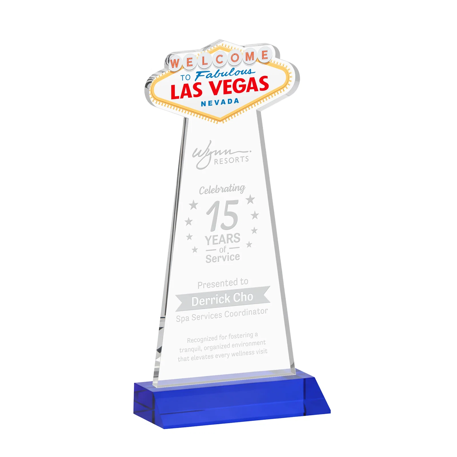 Personalized Starfire Crystal Las Vegas Sign Award on Front-Mitered Base for donor appreciation