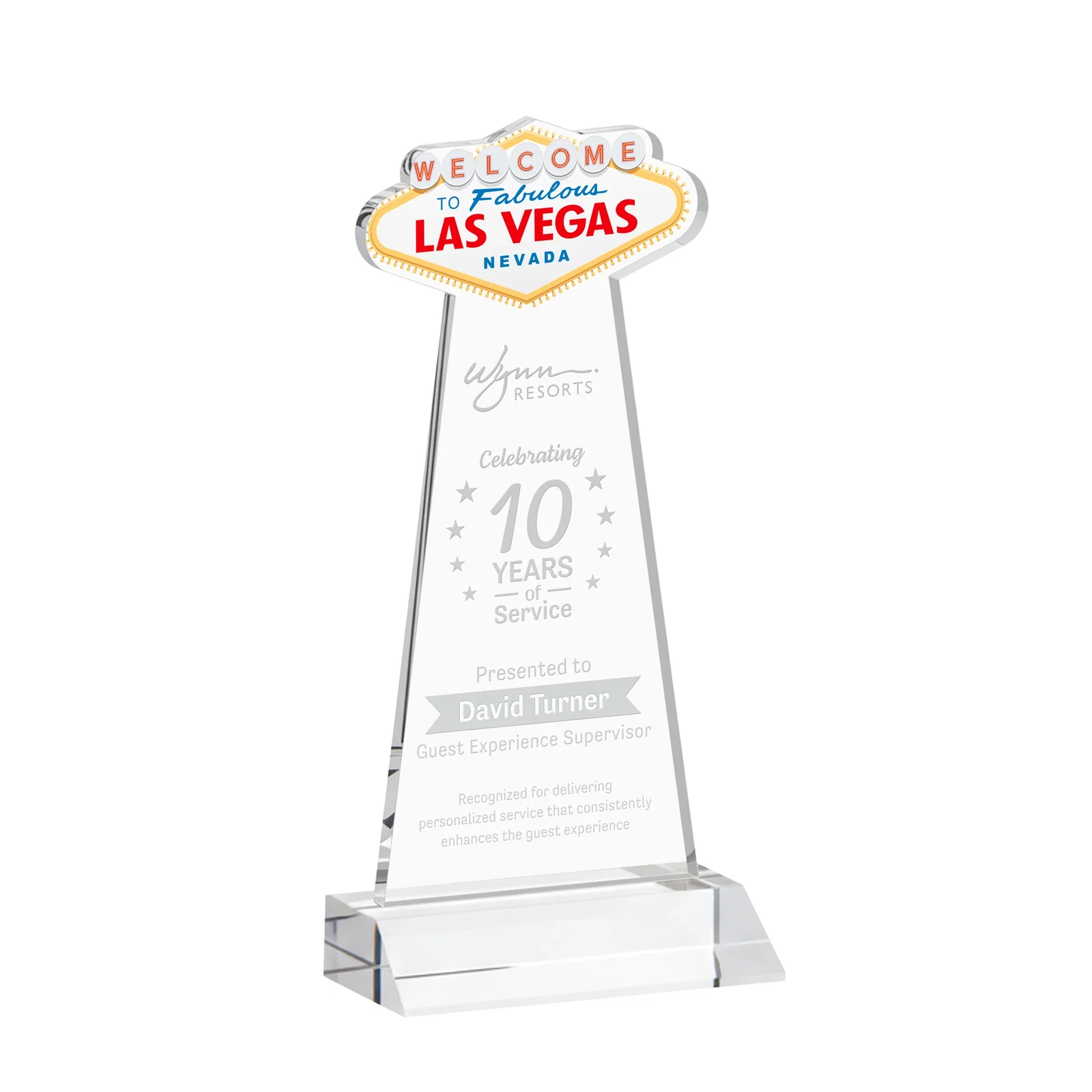 Custom Starfire Crystal Las Vegas Sign Award on Front-Mitered Base for corporate award ceremonies