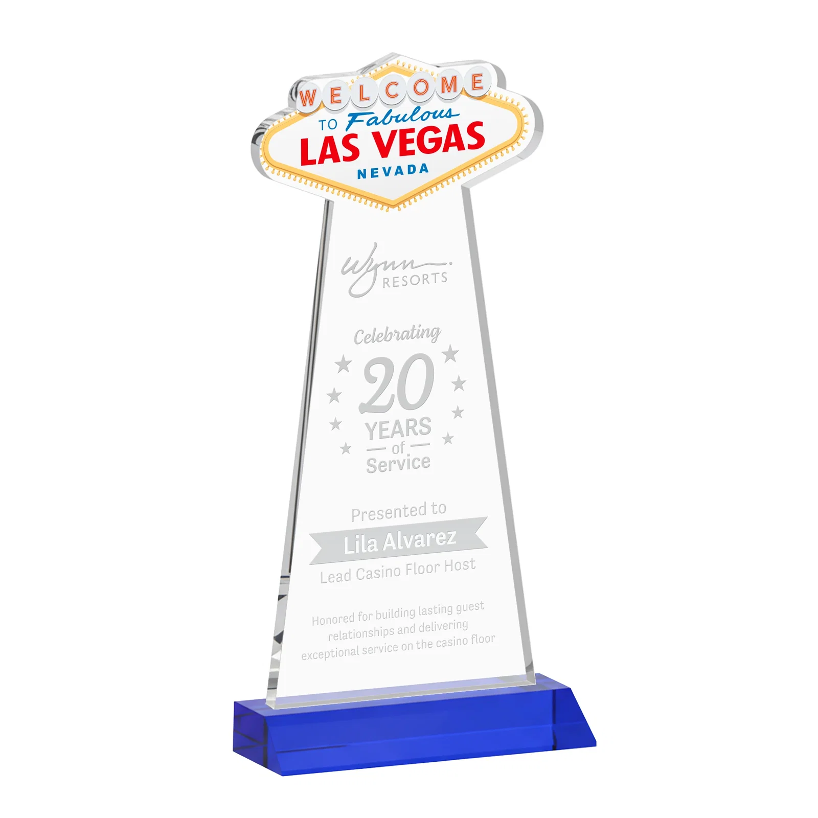 Personalized Starfire Crystal Las Vegas Sign Award on Front-Mitered Base for graduation ceremonies