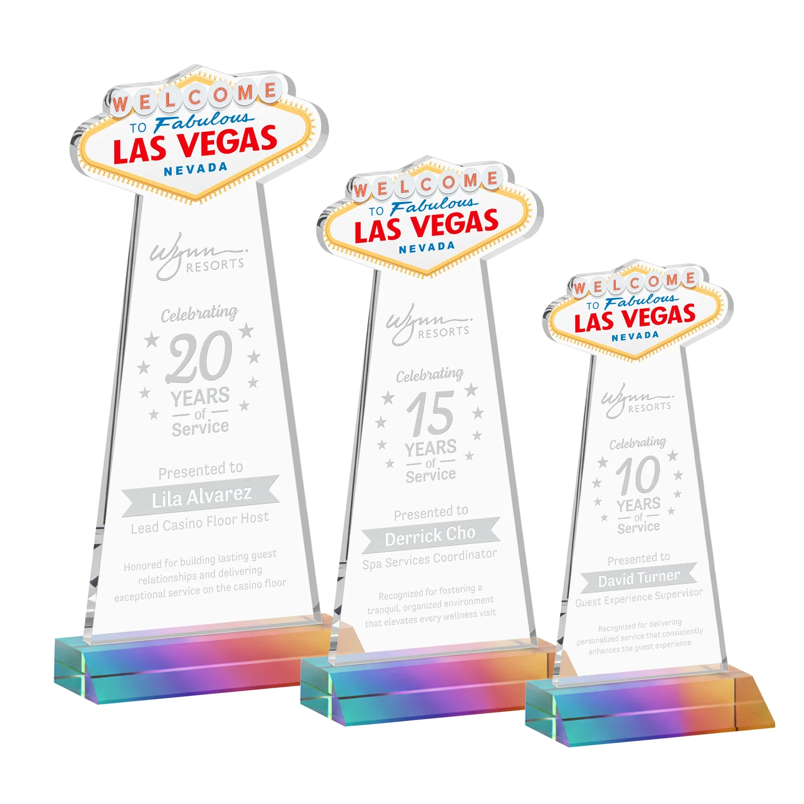 Personalized Starfire Crystal Las Vegas Sign Award on Front-Mitered Base for safety achievement programs