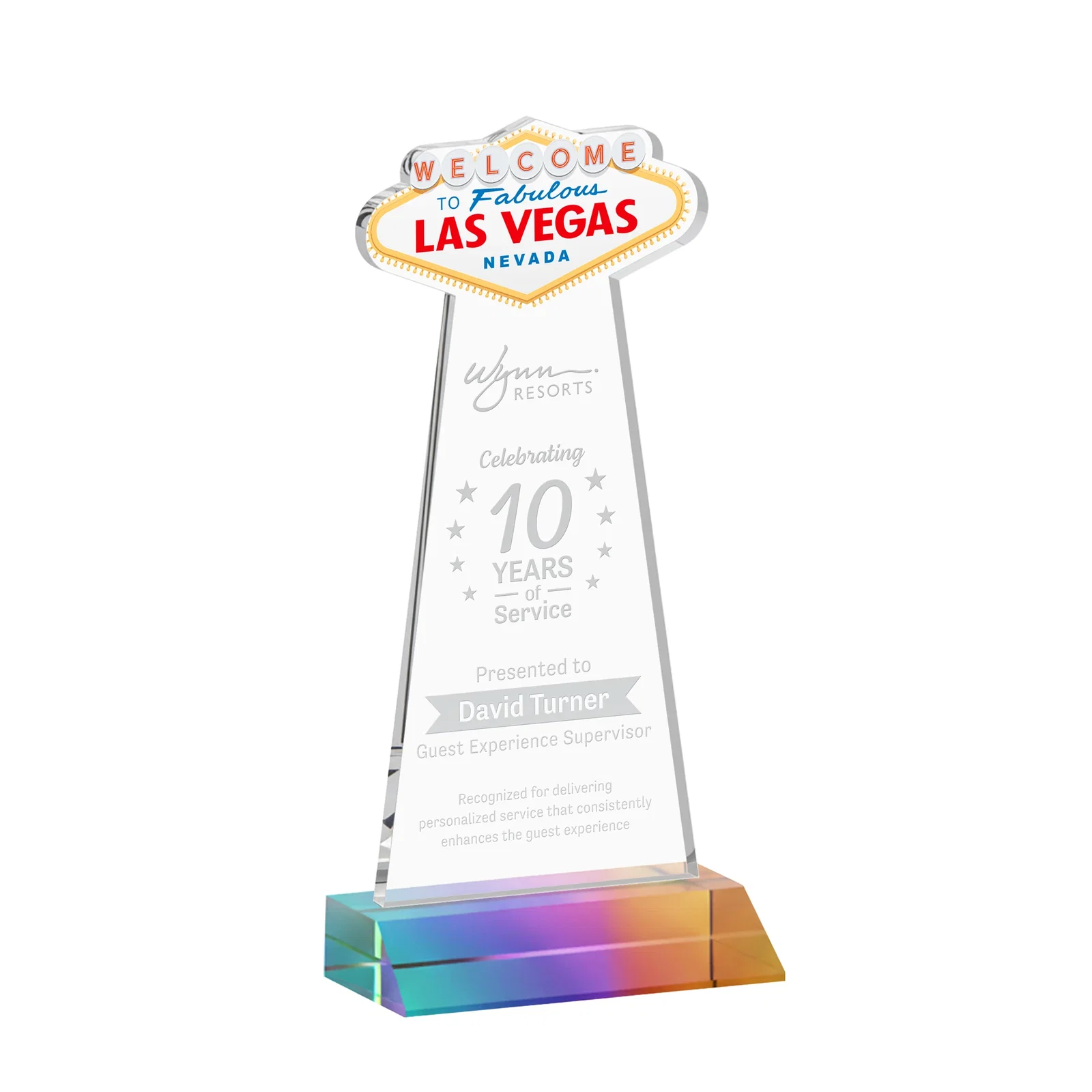 Personalized Starfire Crystal Las Vegas Sign Award on Front-Mitered Base for volunteer appreciation
