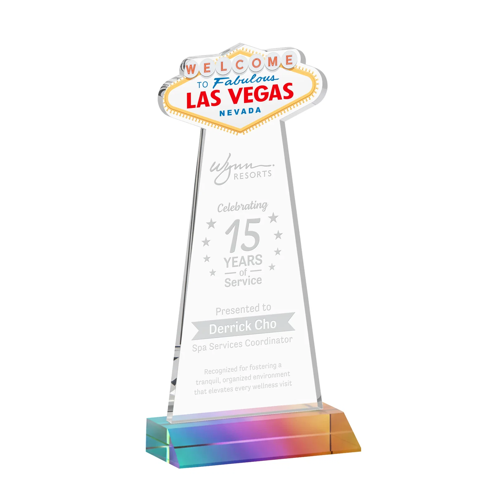 Personalized Starfire Crystal Las Vegas Sign Award on Front-Mitered Base for dealer and partner awards