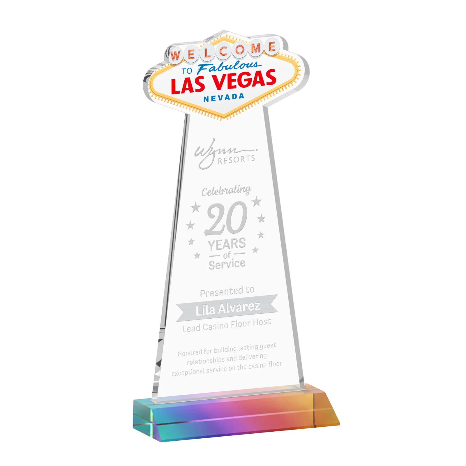 Personalized Starfire Crystal Las Vegas Sign Award on Front-Mitered Base for company anniversary events
